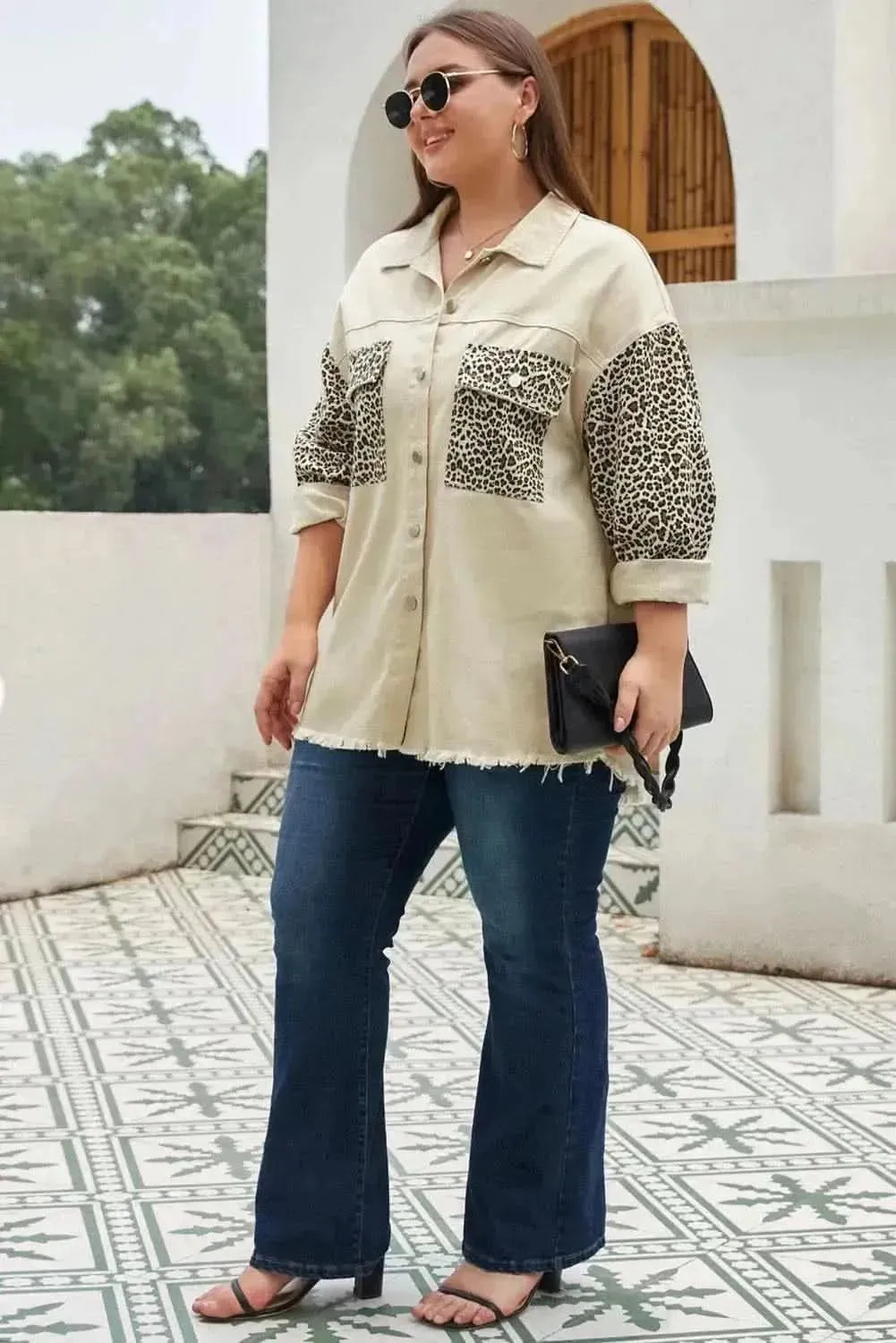 Plus Size Leopard Button Up Raw Hem Denim Jacket - Bad Moms Club