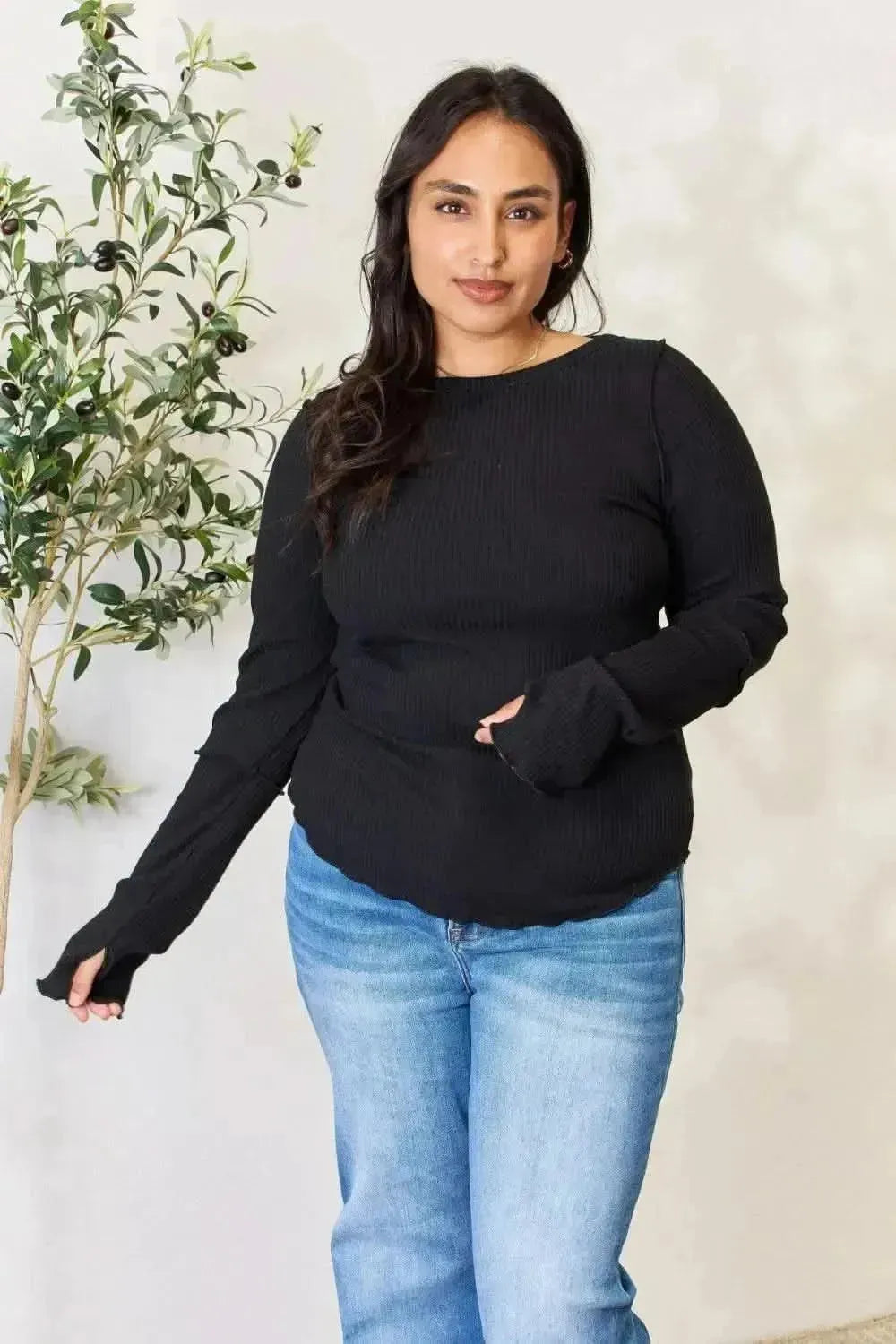 Culture Code Full Size Ribbed Round Neck Long Sleeve Top - Bad Moms Club