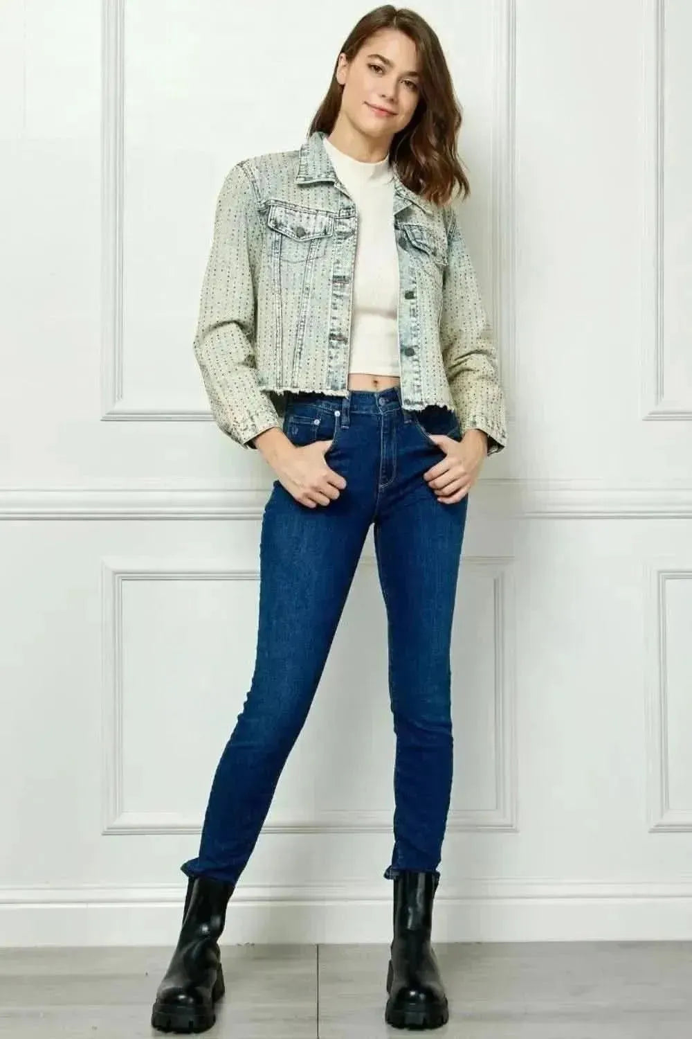 Veveret Multi Color Stripe Rhinestone Raw Hem Denim Jacket - Bad Moms Club
