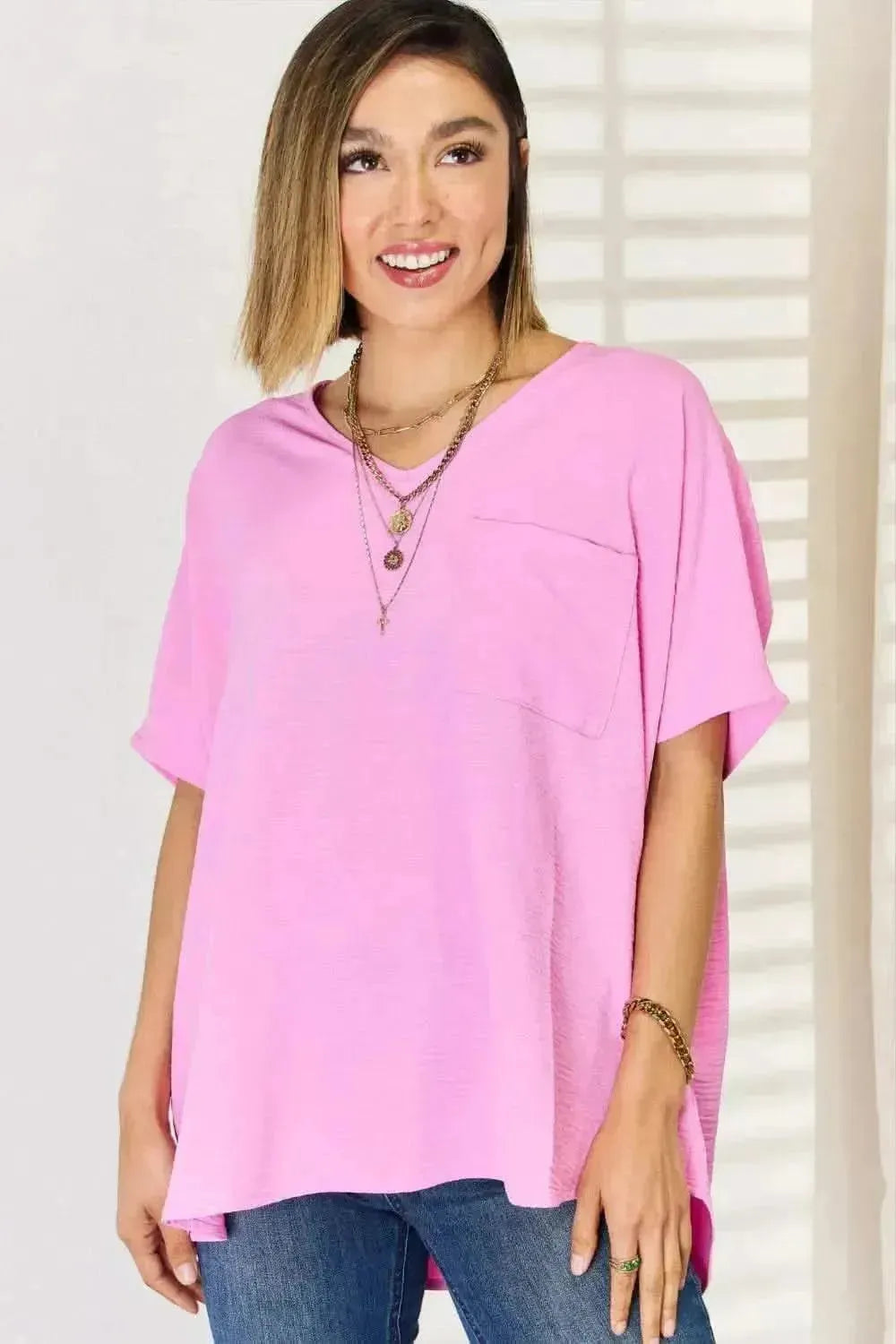 Zenana Texture Short Sleeve Blouse - Bad Moms Club
