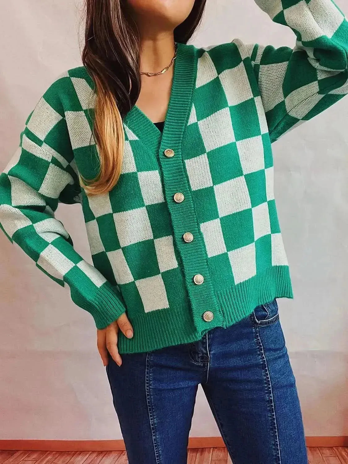 Checkered Open Front Button Up Cardigan - Bad Moms Club