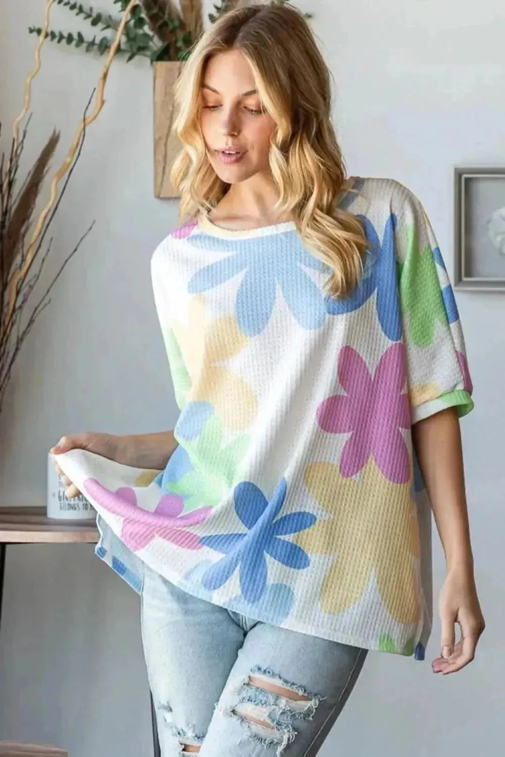 HOPELY Floral Round Neck Waffle T-Shirt - Bad Moms Club