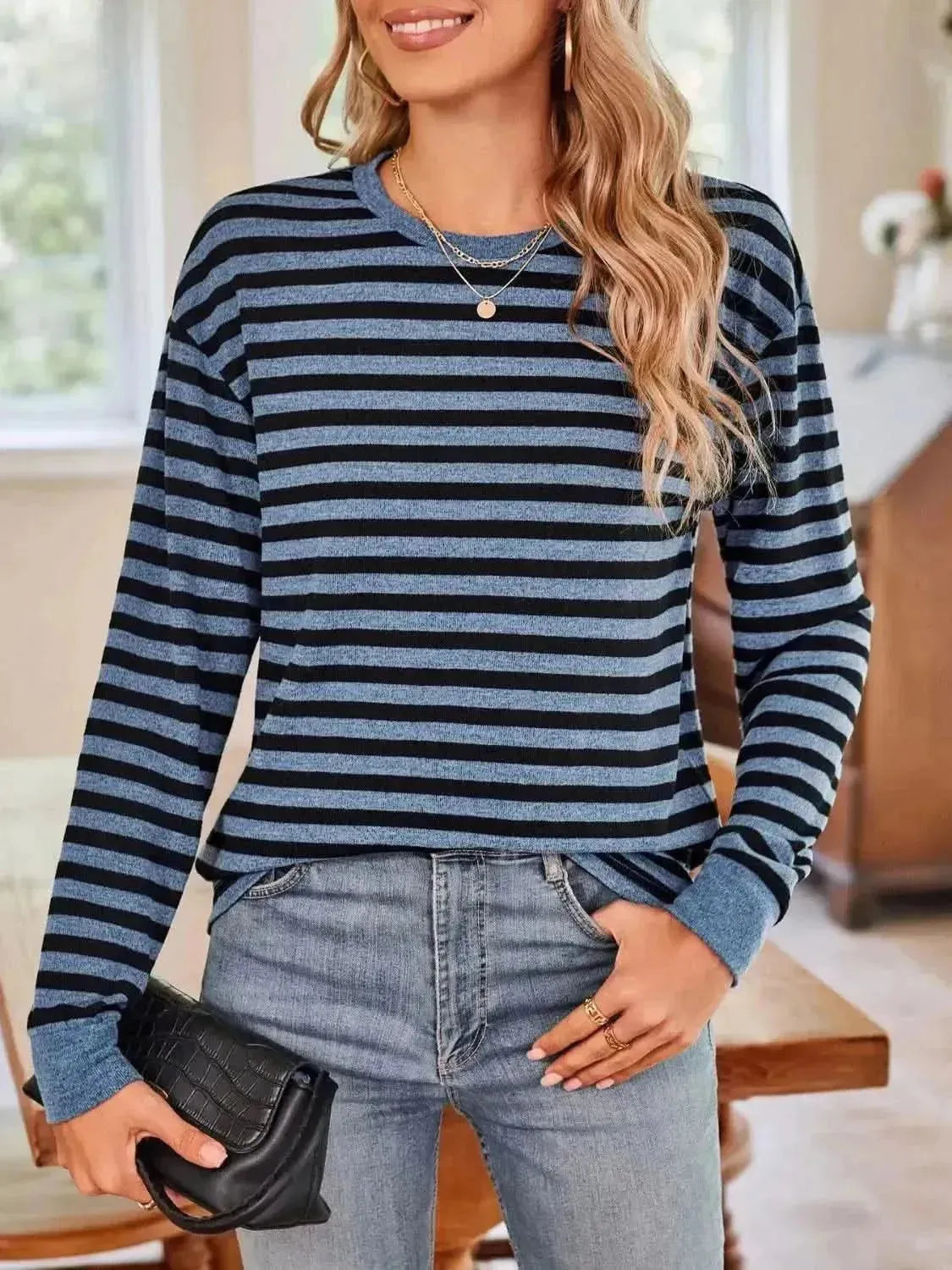 Striped Round Neck Long Sleeve T-Shirt - Bad Moms Club