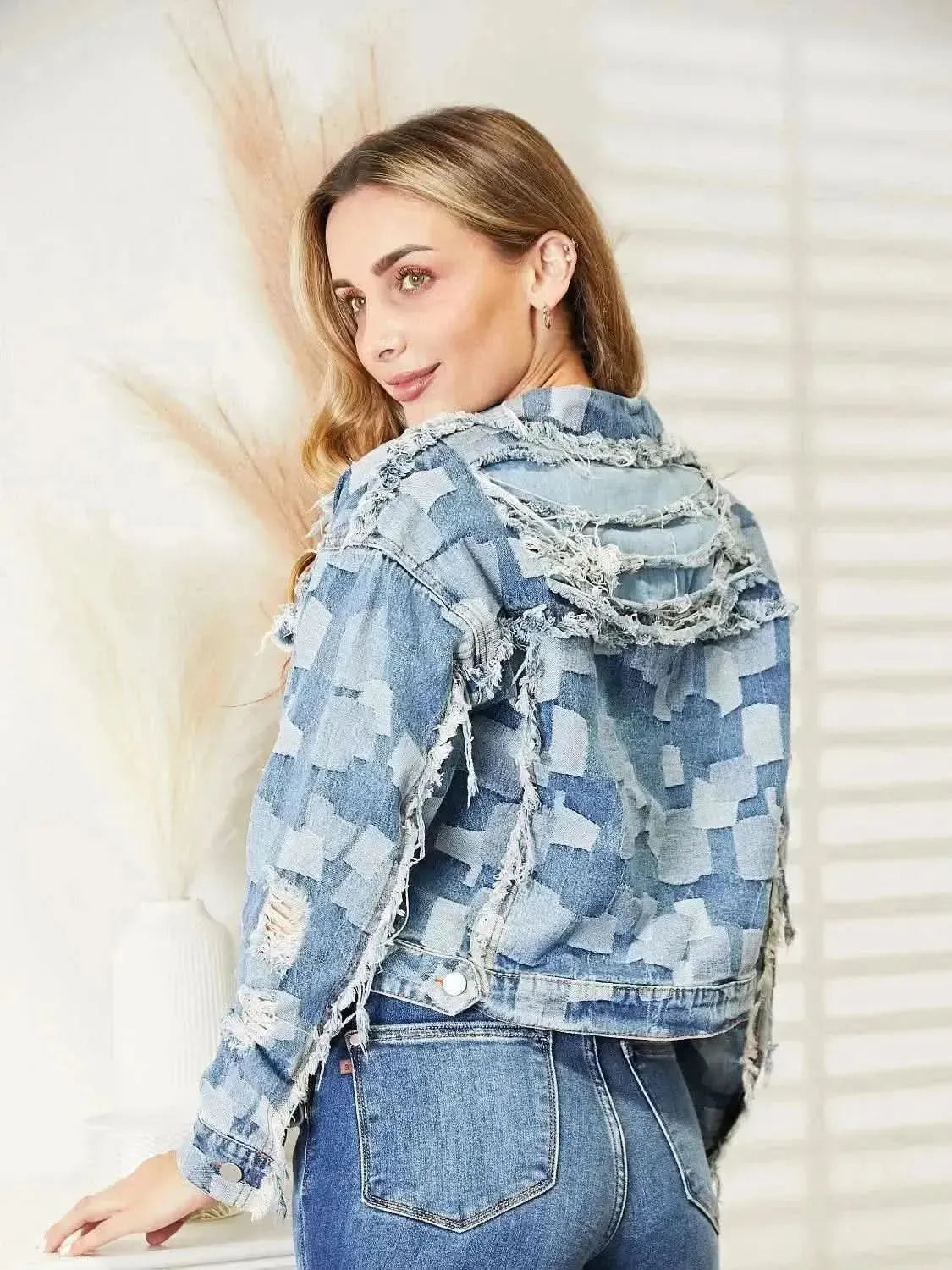 Plaid Raw Hem Dropped Shoulder Denim Jacket - Bad Moms Club