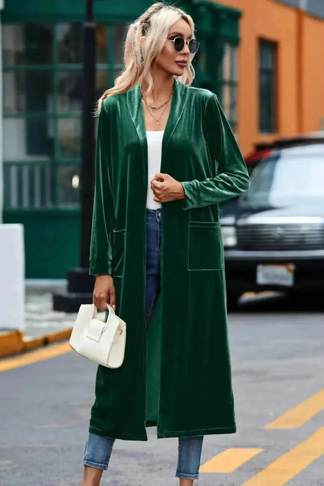 Velvet Open Front Long Cardigan with Pockets - Bad Moms Club