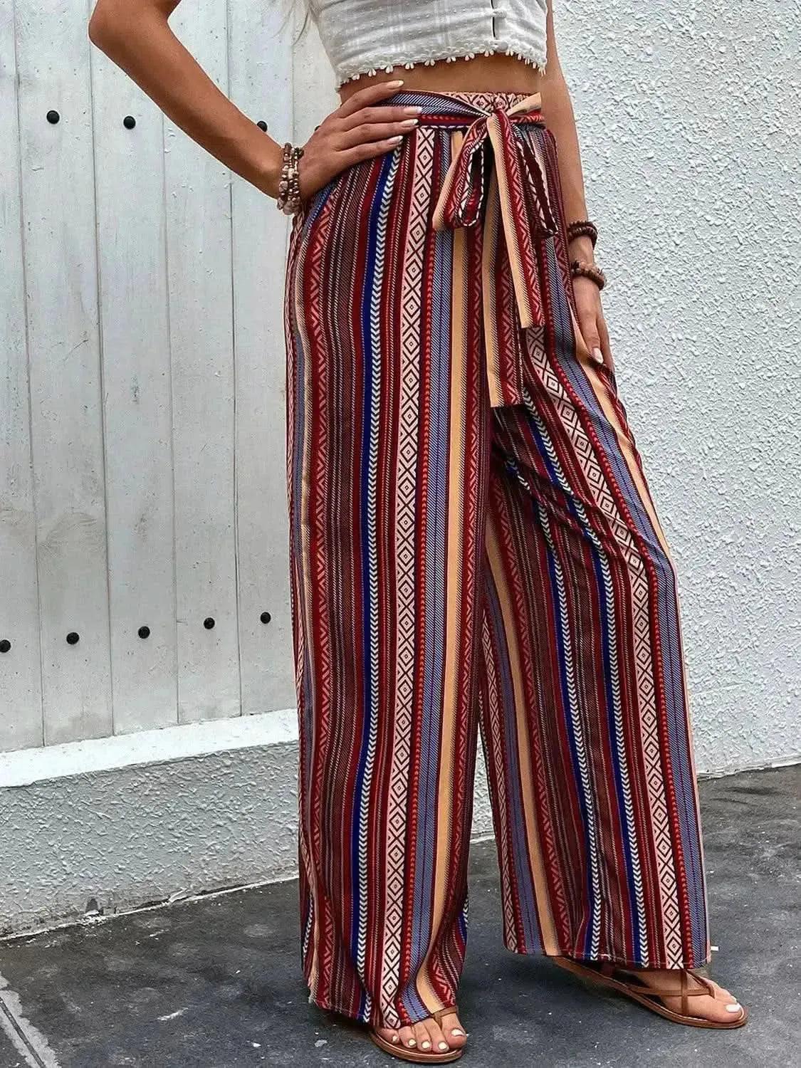 Perfee Tied Geometric Wide Leg Pants - Bad Moms Club