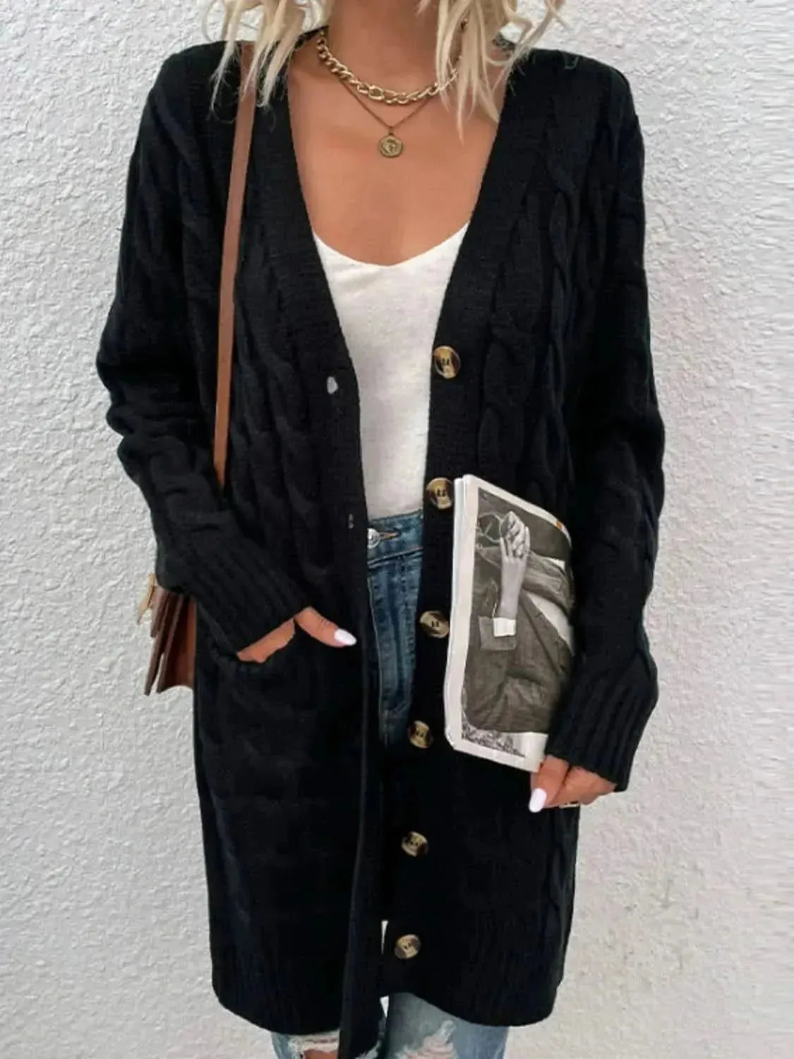 Cable-Knit Button Down Cardigan with Pockets - Bad Moms Club