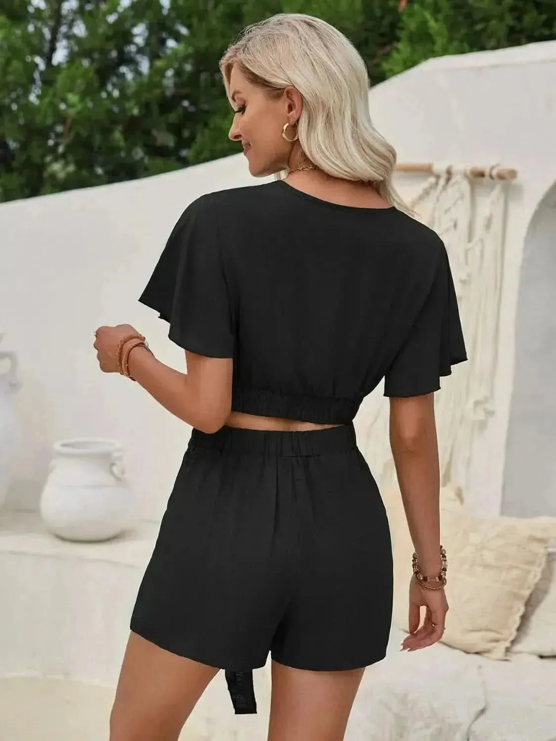 Surplice Flutter Sleeve Top and Tied Shorts Set - Bad Moms Club