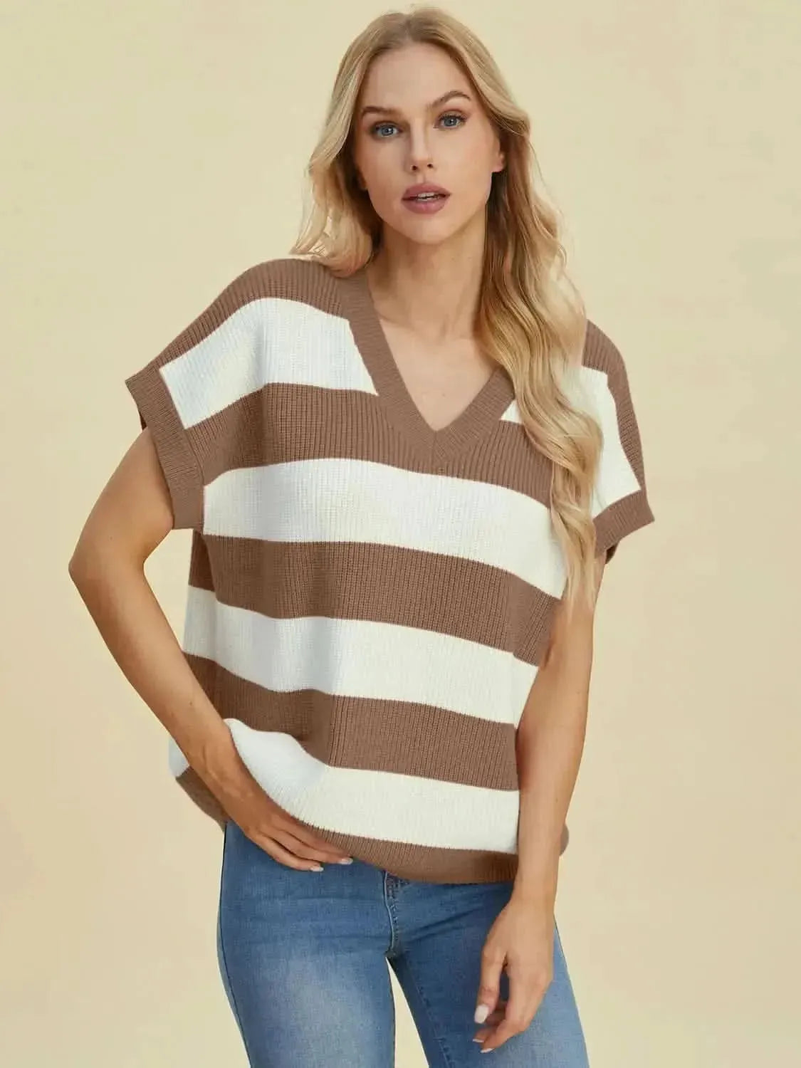 Double Take Full Size Striped V-Neck Short Sleeve Sweater - Bad Moms Club