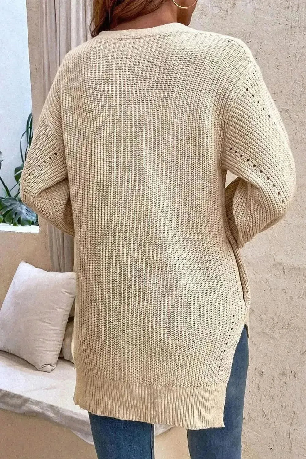 V-Neck Openwork Long Sleeve Cardigan - Bad Moms Club