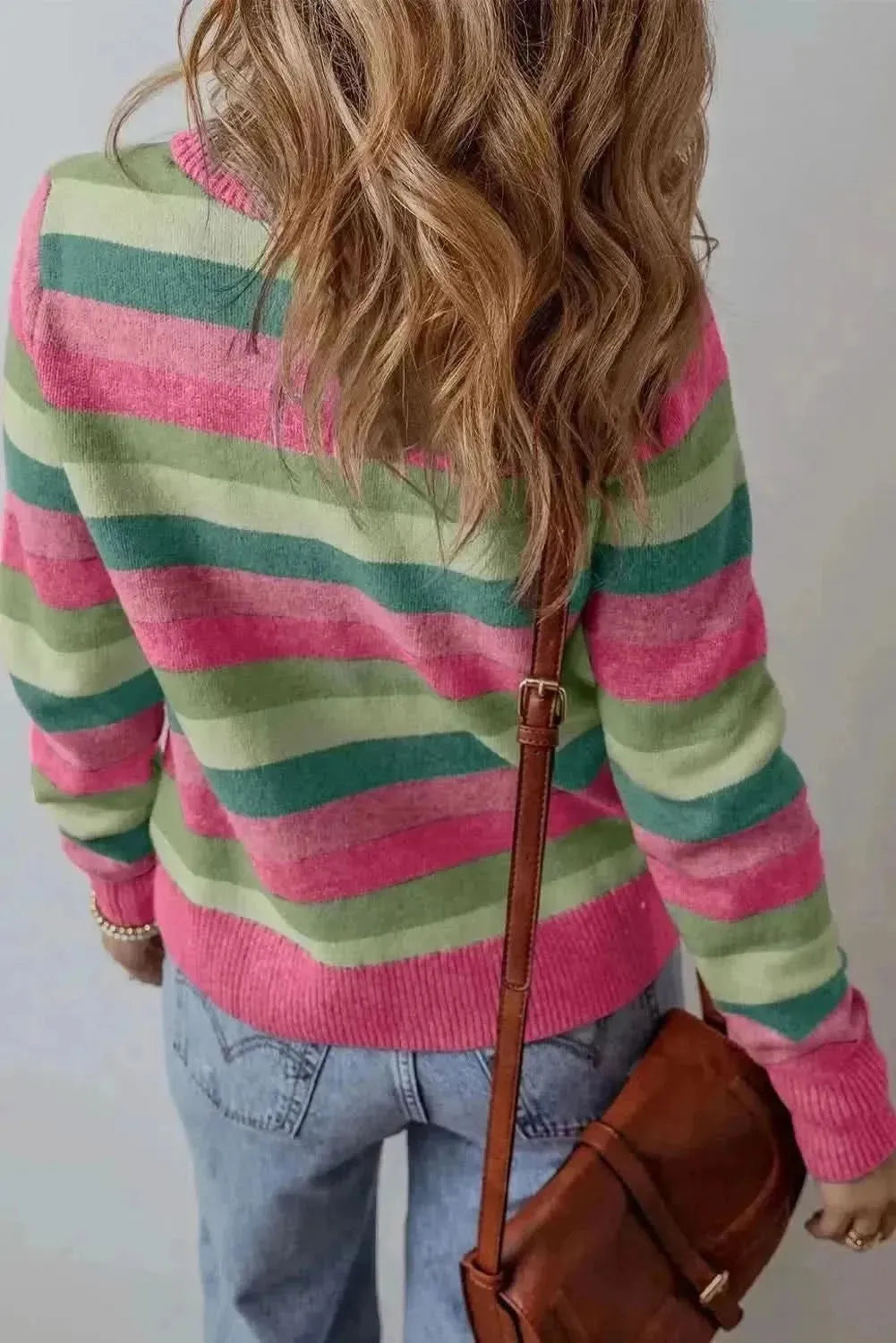 Striped Round Neck Long Sleeve Sweater - Bad Moms Club