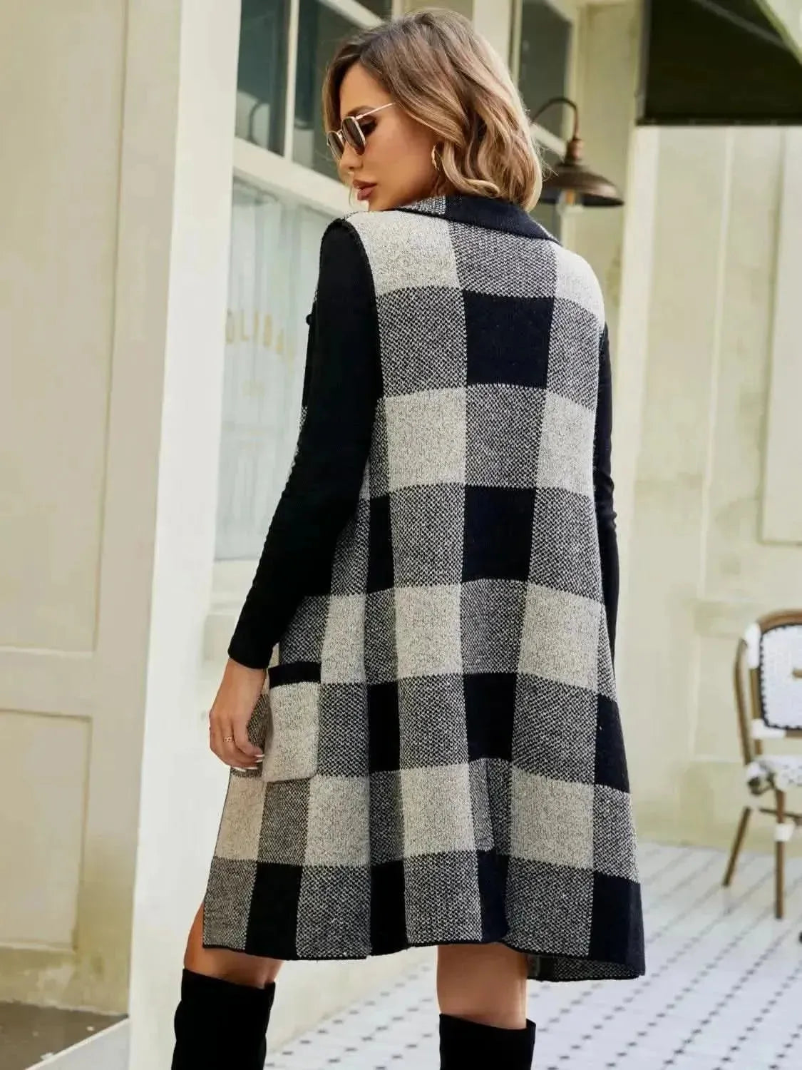 Plaid Lapel Collar Sleeveless Cardigan - Bad Moms Club