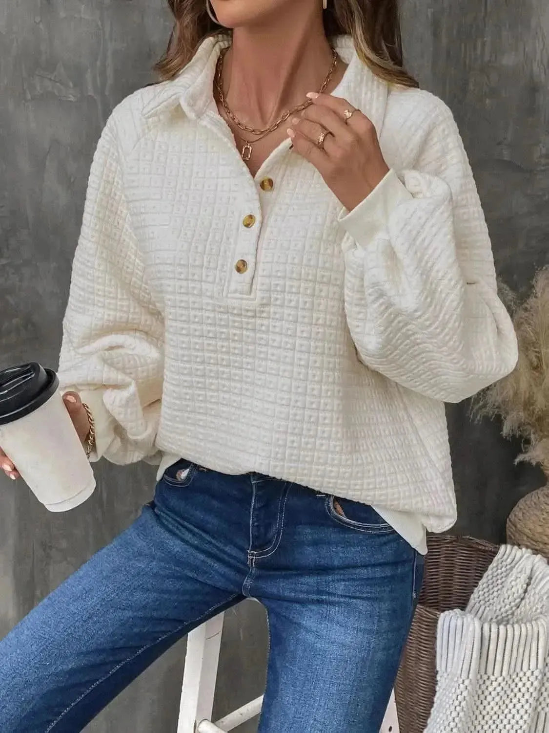 Perfee Half Button Long Sleeve Sweatshirt - Bad Moms Club