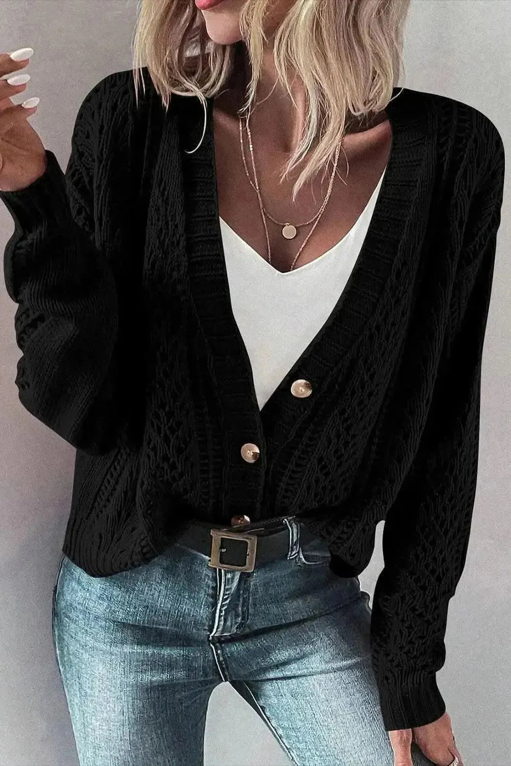 Openwork Button Up Long Sleeve Cardigan - Bad Moms Club