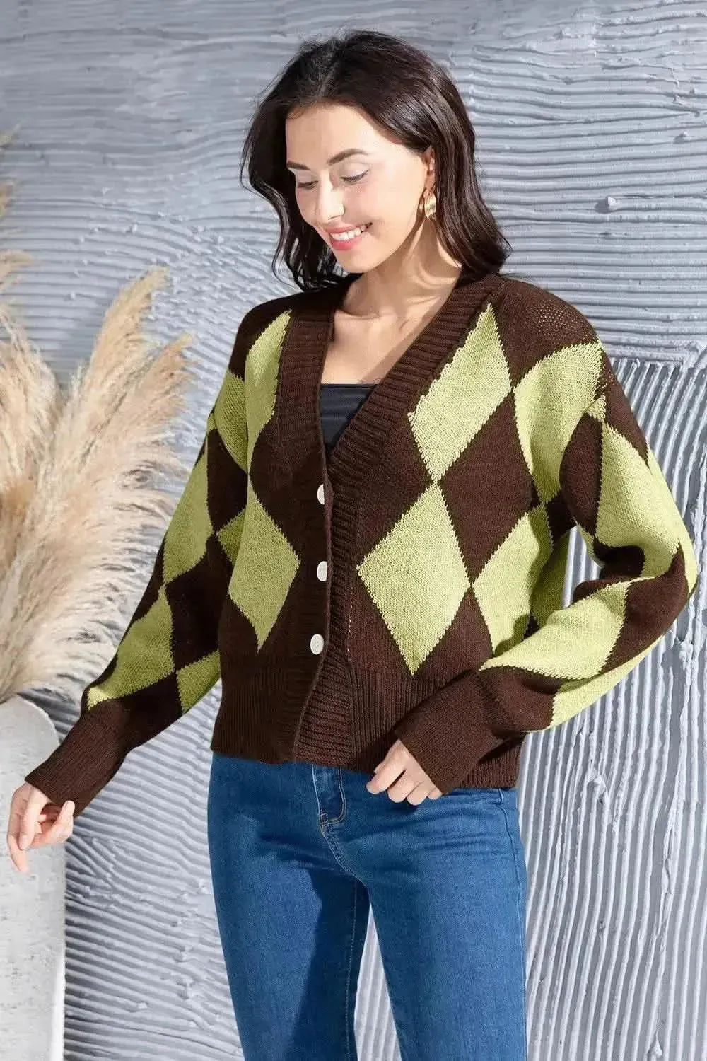 Geometric Button Up Dropped Shoulder Cardigan - Bad Moms Club
