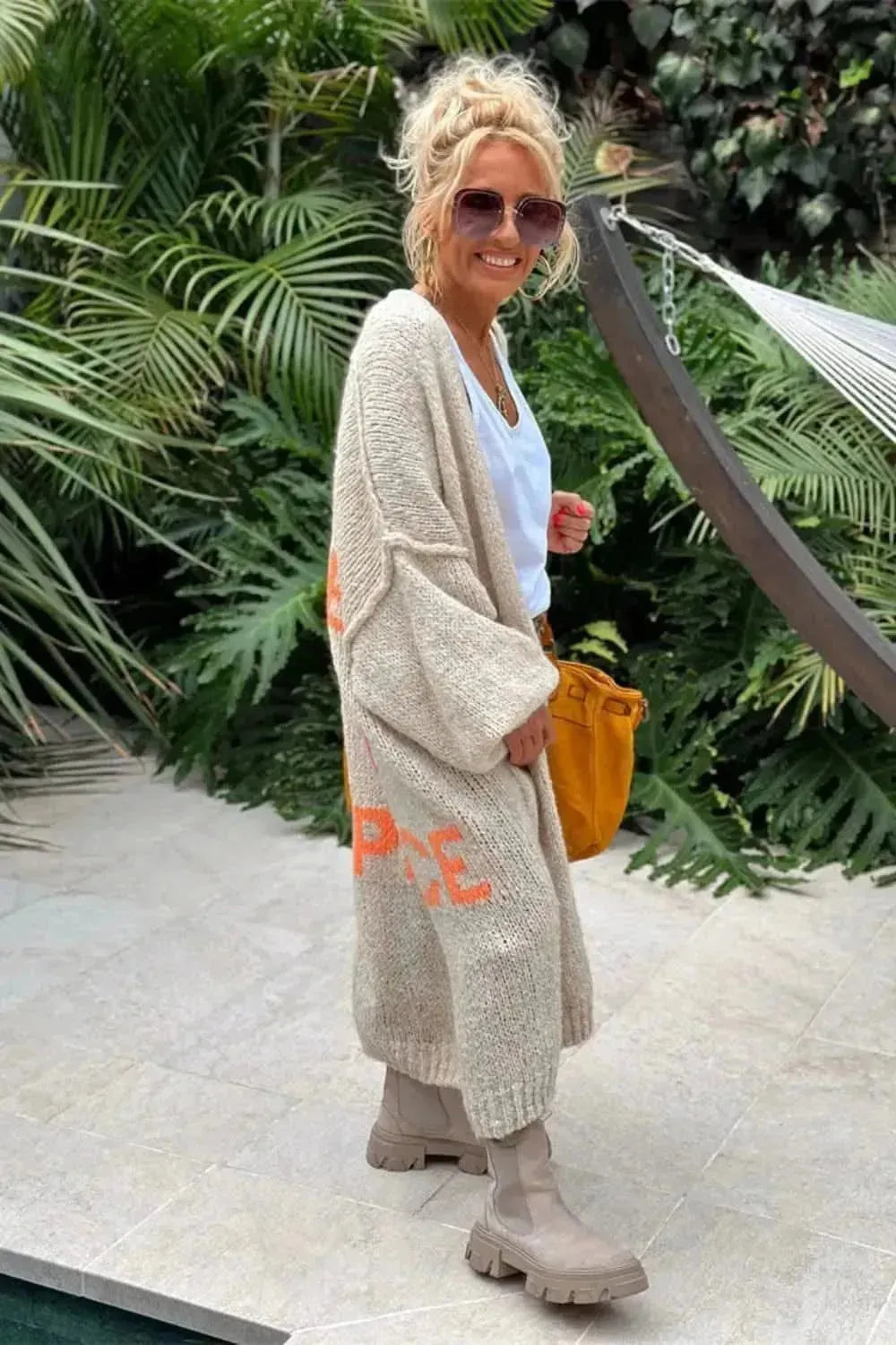 Letter Dropped Shoulder Long Sleeve Cardigan - Bad Moms Club