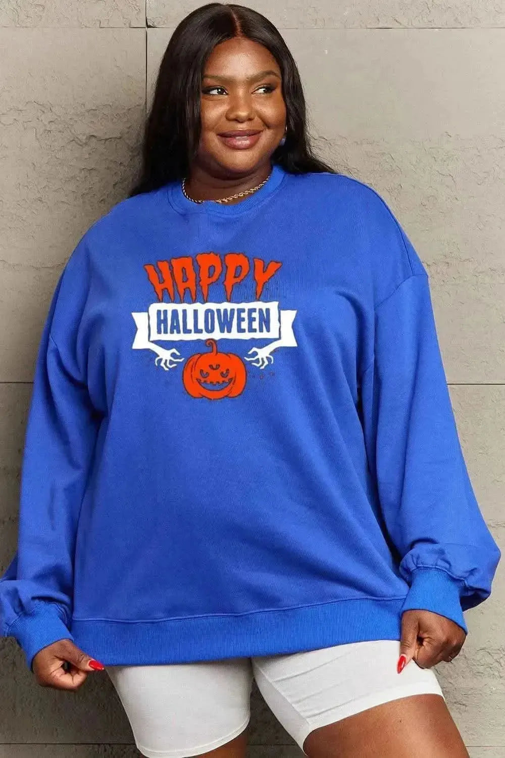 Simply Love Full Size HAPPY HALLOWEEN Graphic Sweatshirt - Bad Moms Club