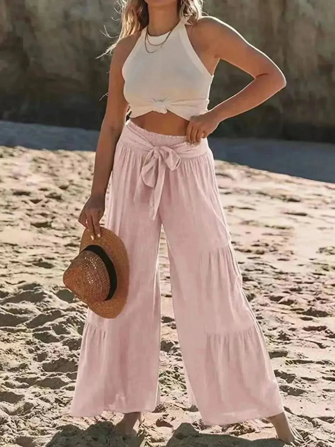 Tied Ruched Wide Leg Pants - Bad Moms Club