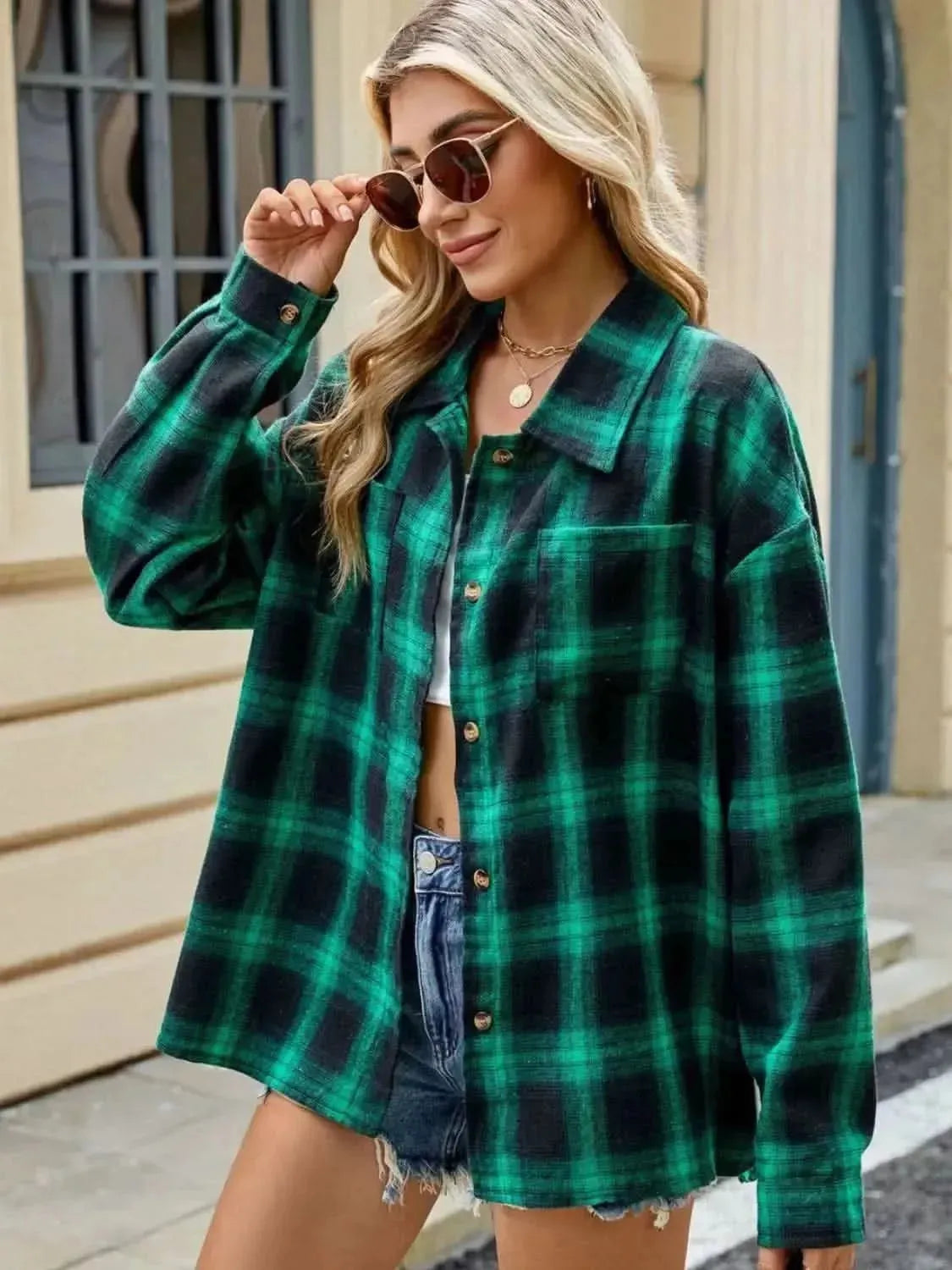 Plaid Collared Neck Long Sleeve Shirt - Bad Moms Club
