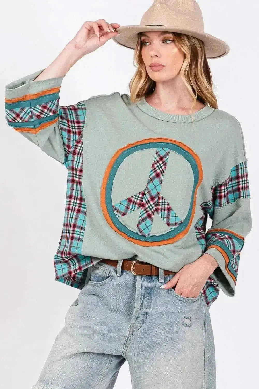 SAGE + FIG Peace Applique Patch Contrast Plaid Top - Bad Moms Club