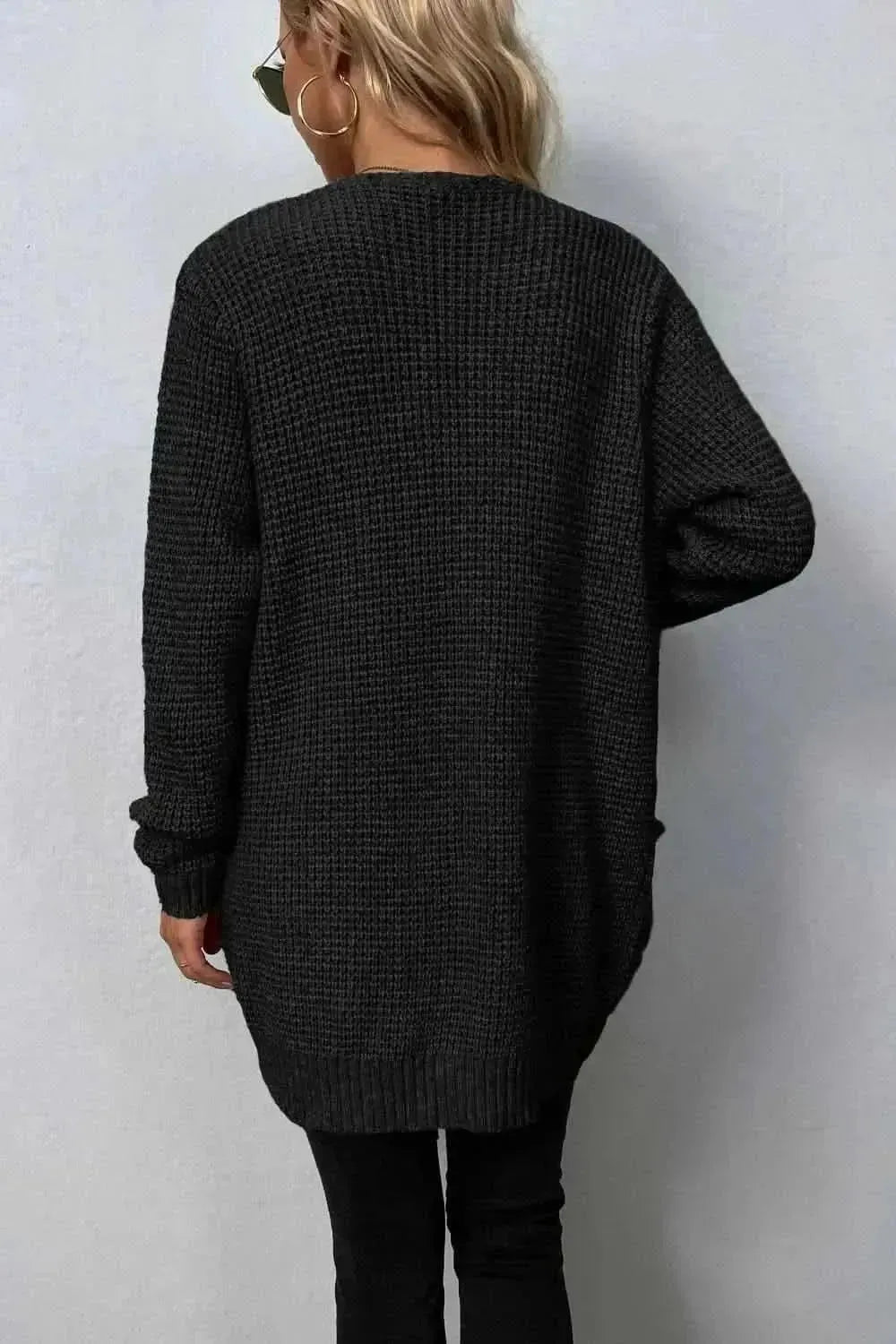Rib-Knit Open Front Pocketed Cardigan - Bad Moms Club