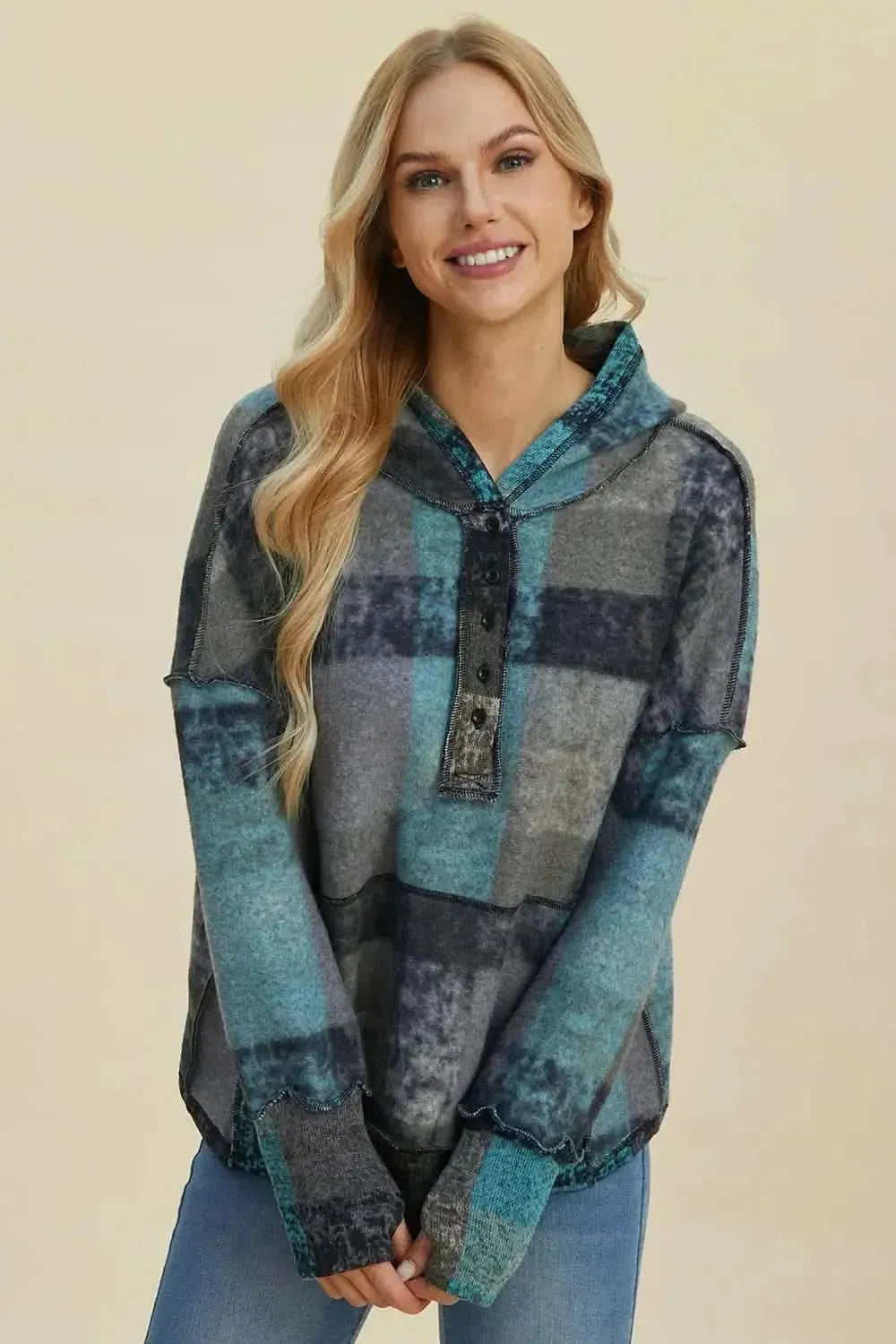 Double Take Full Size Plaid Dropped Shoulder Fleece Hoodie - Bad Moms Club