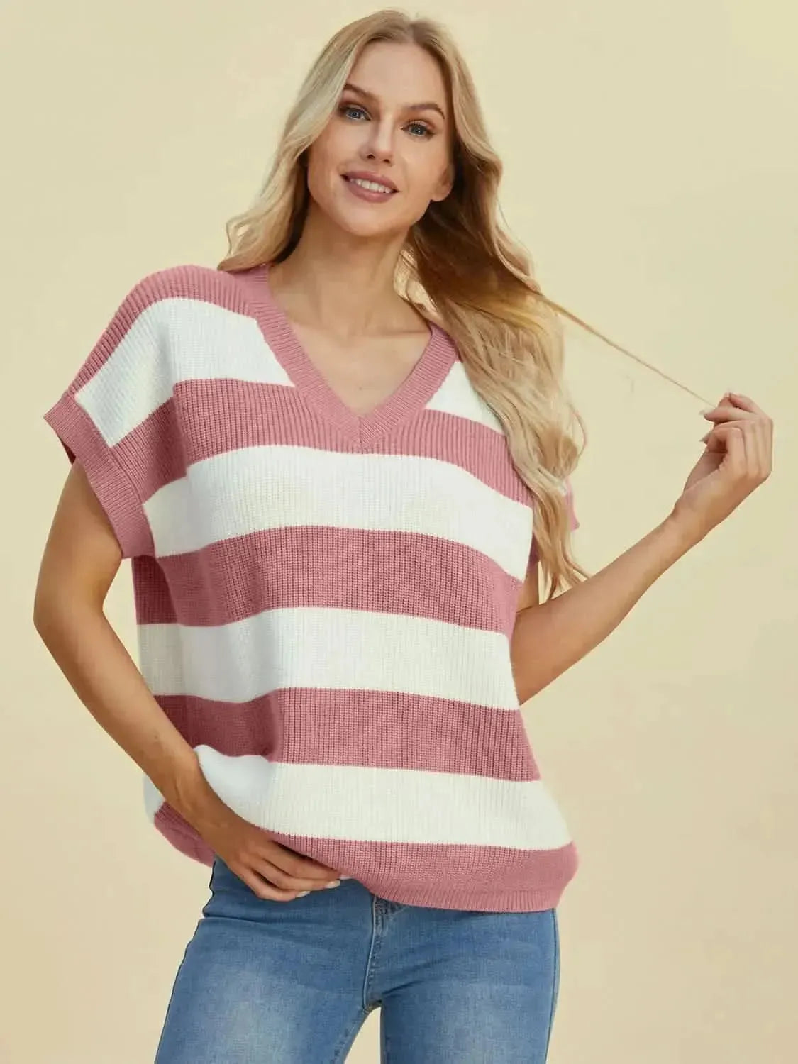 Double Take Full Size Striped V-Neck Short Sleeve Sweater - Bad Moms Club