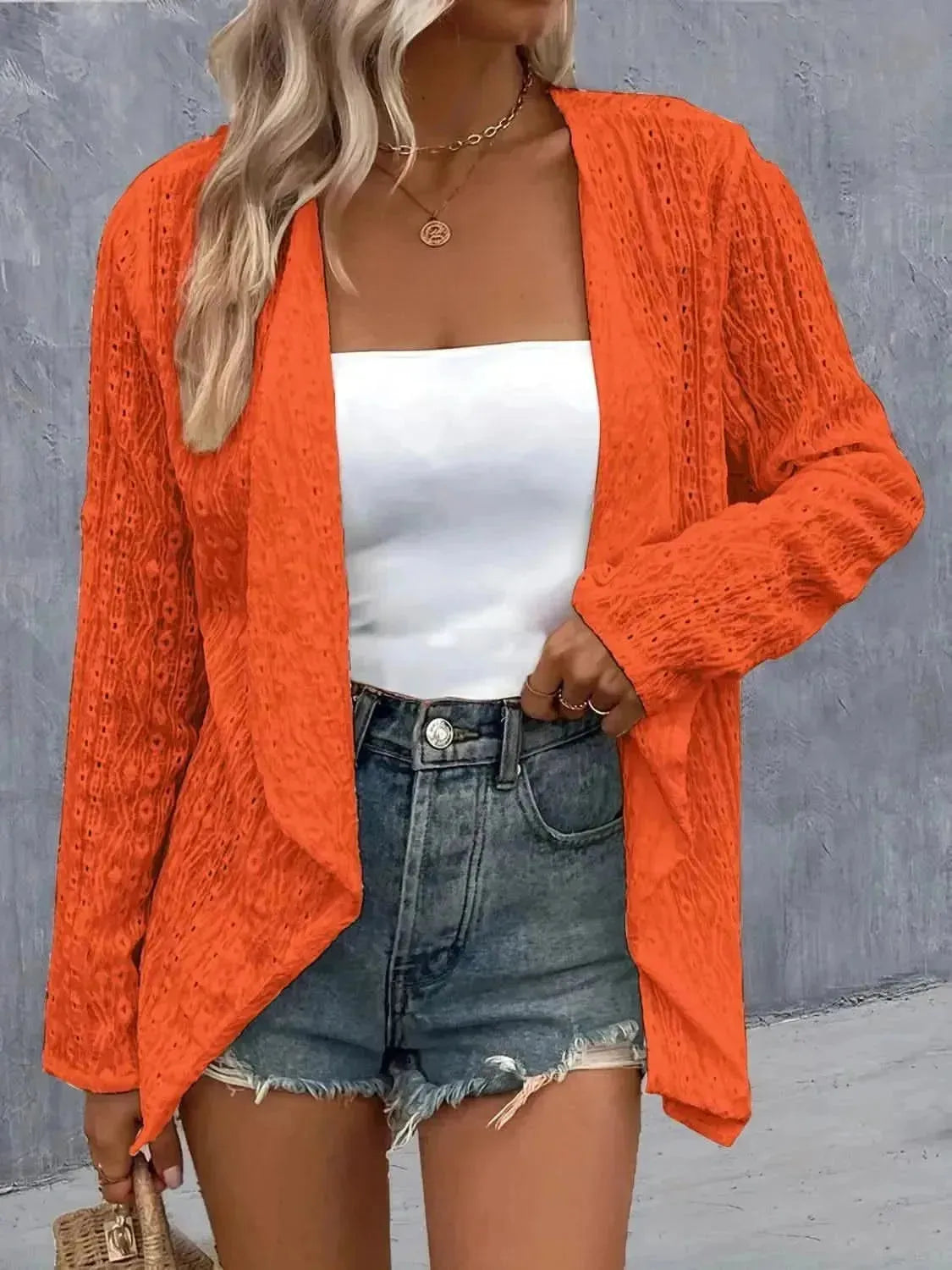 Eyelet Roll-Tab Sleeve Cardigan - Bad Moms Club