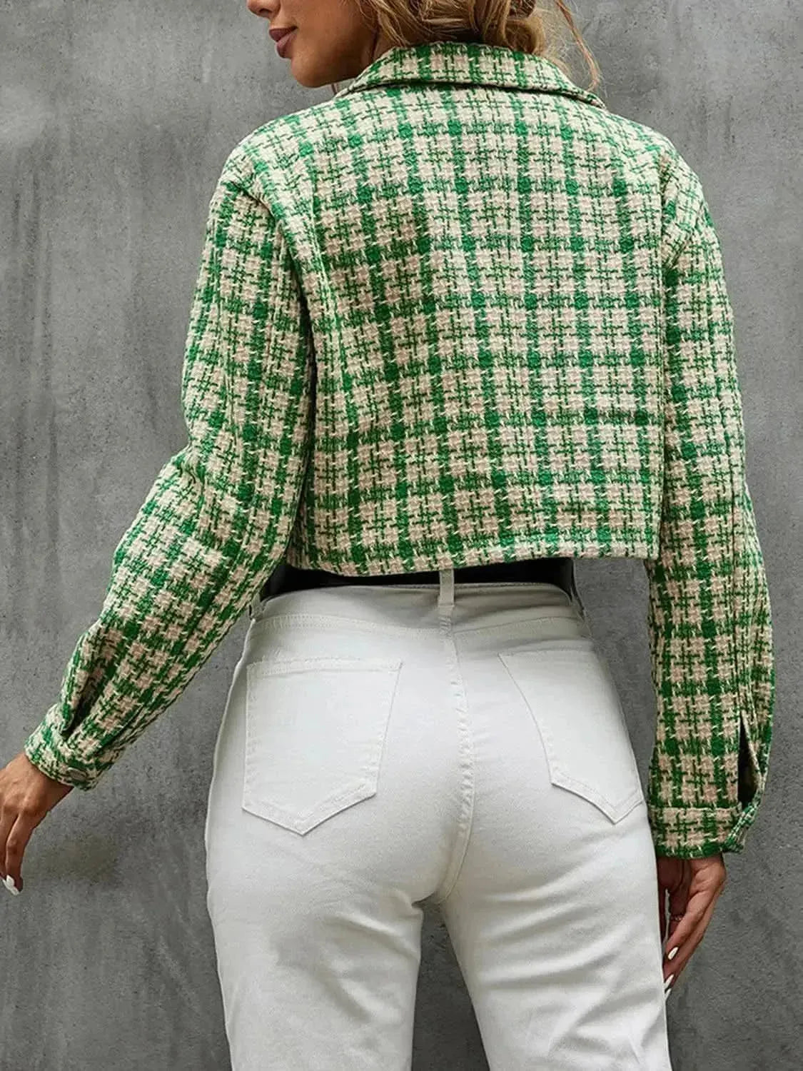 Plaid Button Up Collared Neck Long Sleeve Jacket - Bad Moms Club