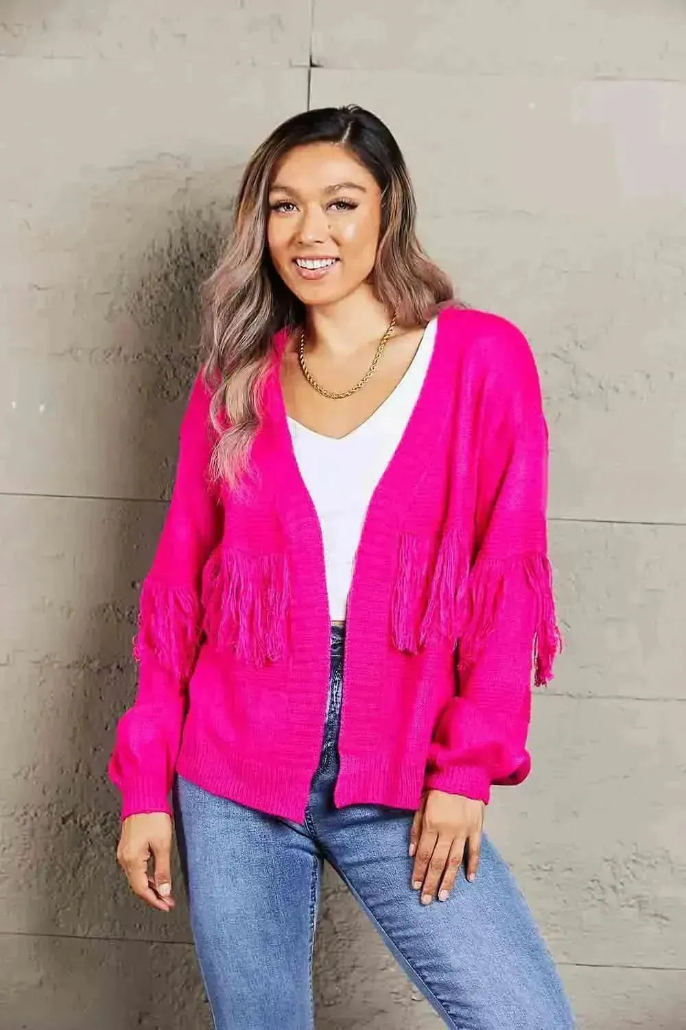Fringe Trim Open Front Cardigan - Bad Moms Club