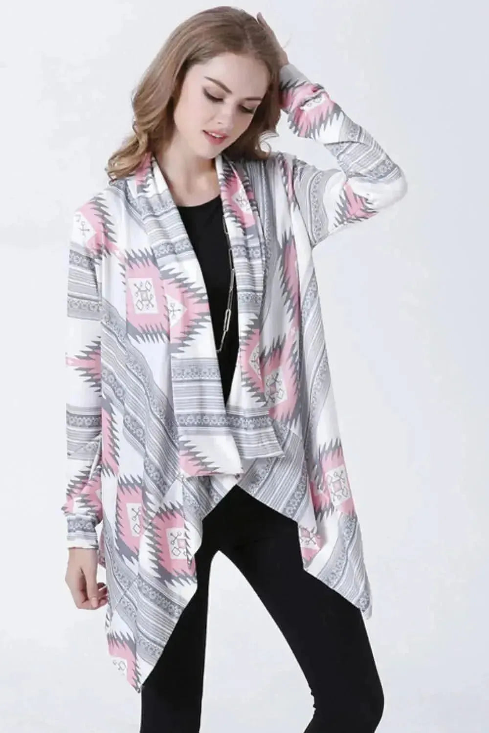 Geometric Open Front Handkerchief Hem Cardigan - Bad Moms Club
