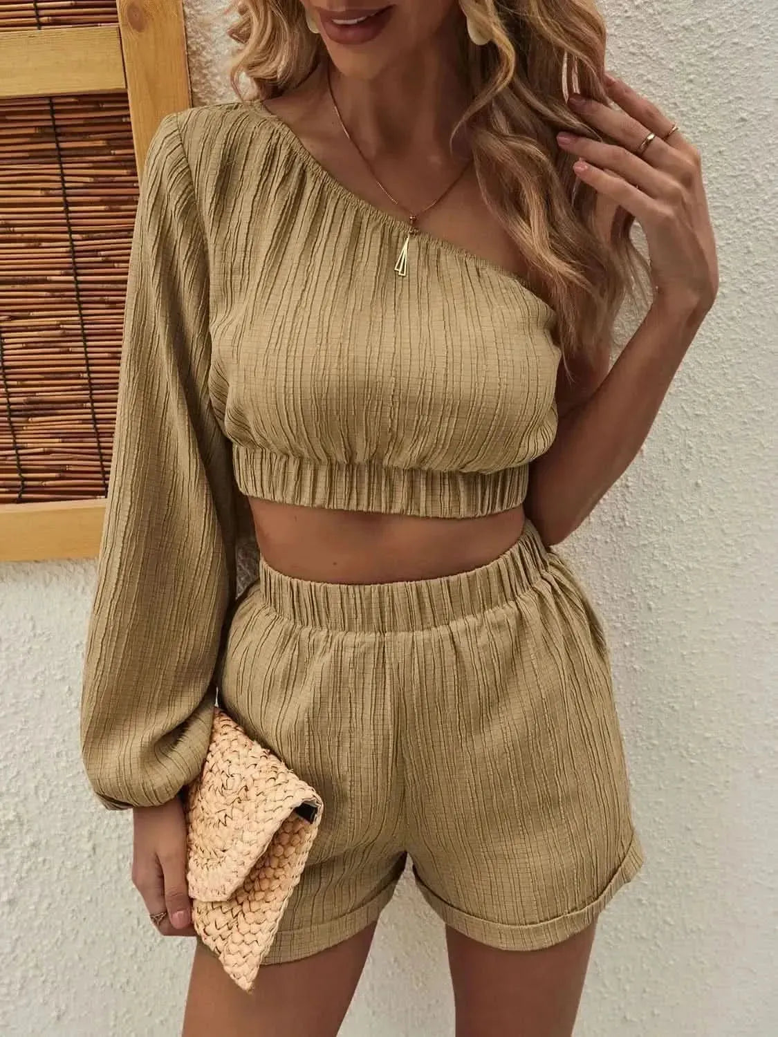 Honey One Shoulder Long Sleeve Top and Shorts Set - Bad Moms Club