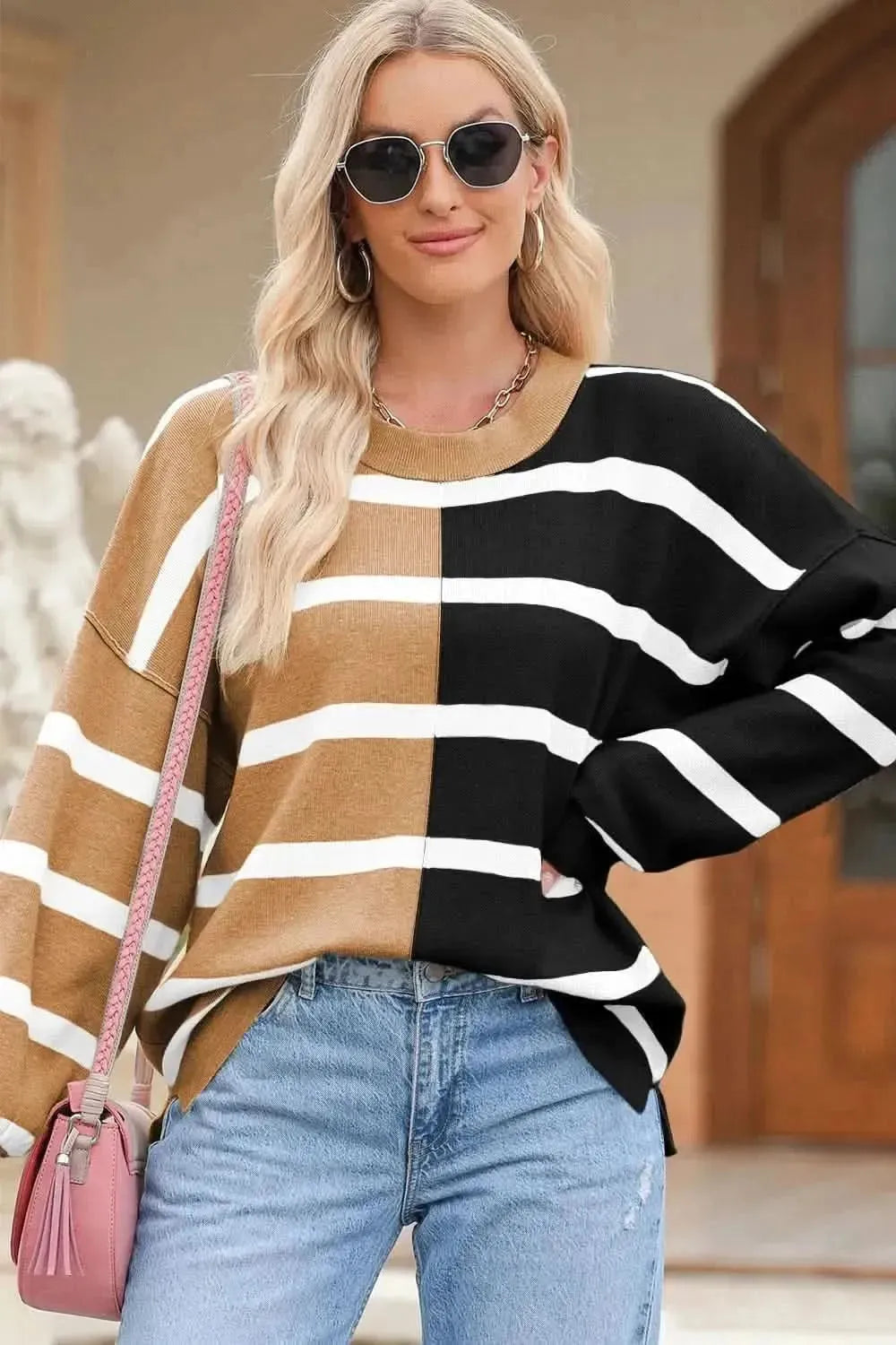 Striped Round Neck Long Sleeve Knit Top - Bad Moms Club