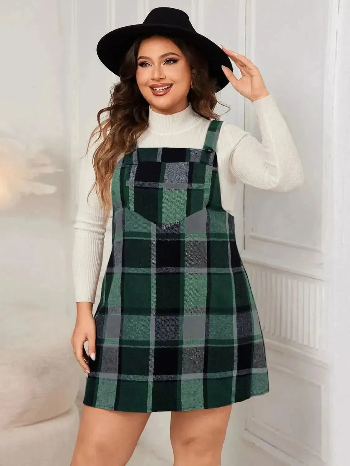 Honey Plus Size Plaid Wide Strap Overall Dress - Bad Moms Club