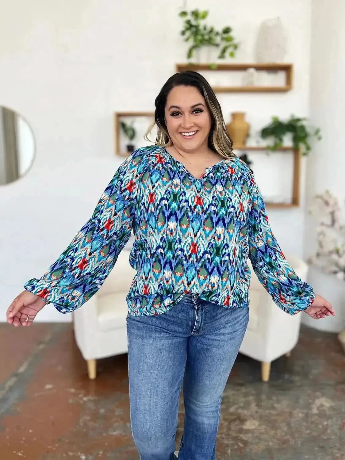Double Take Full Size Printed Balloon Sleeve Blouse - Bad Moms Club