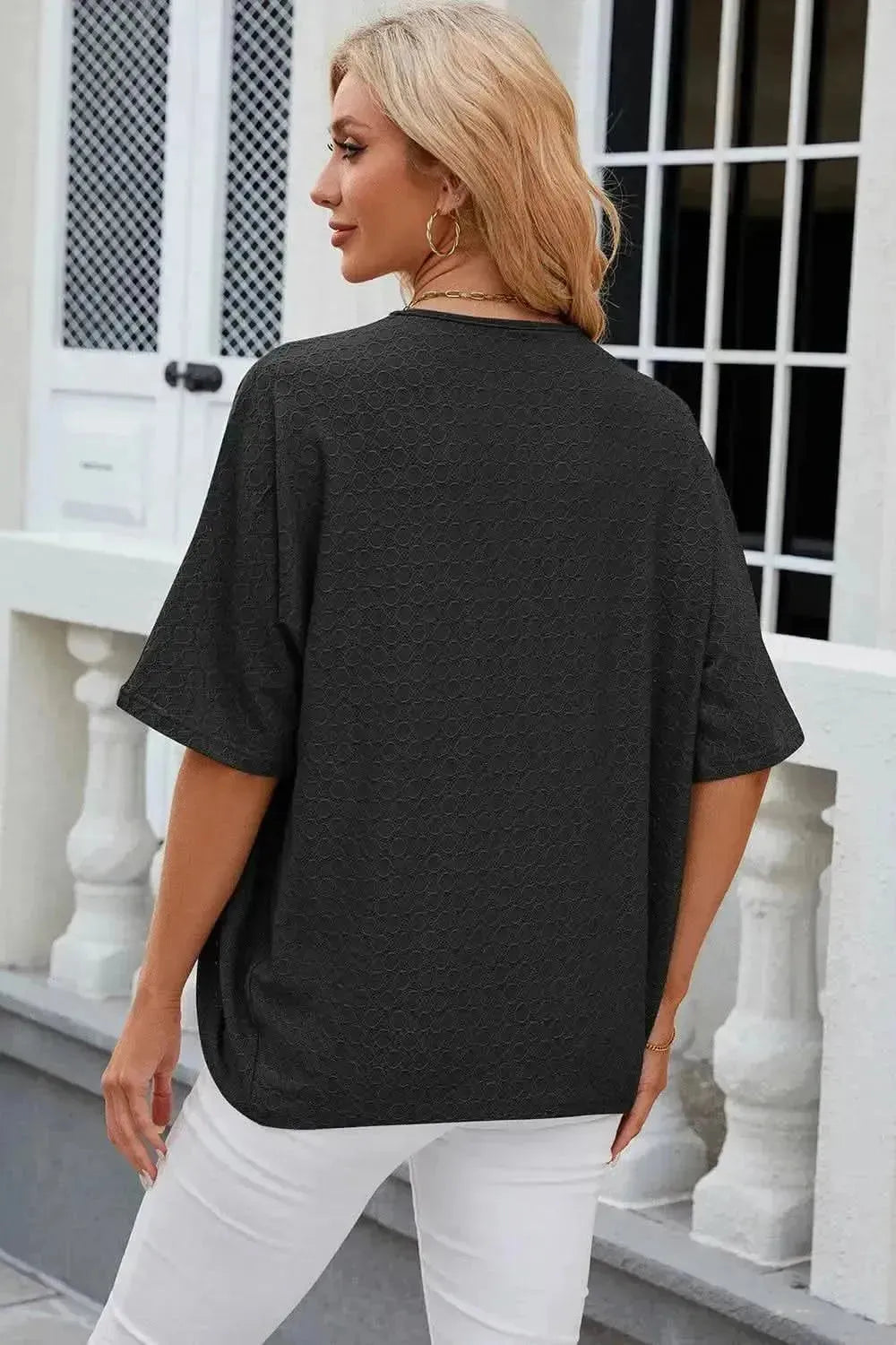 Eyelet Open Front Half Sleeve Cardigan - Bad Moms Club