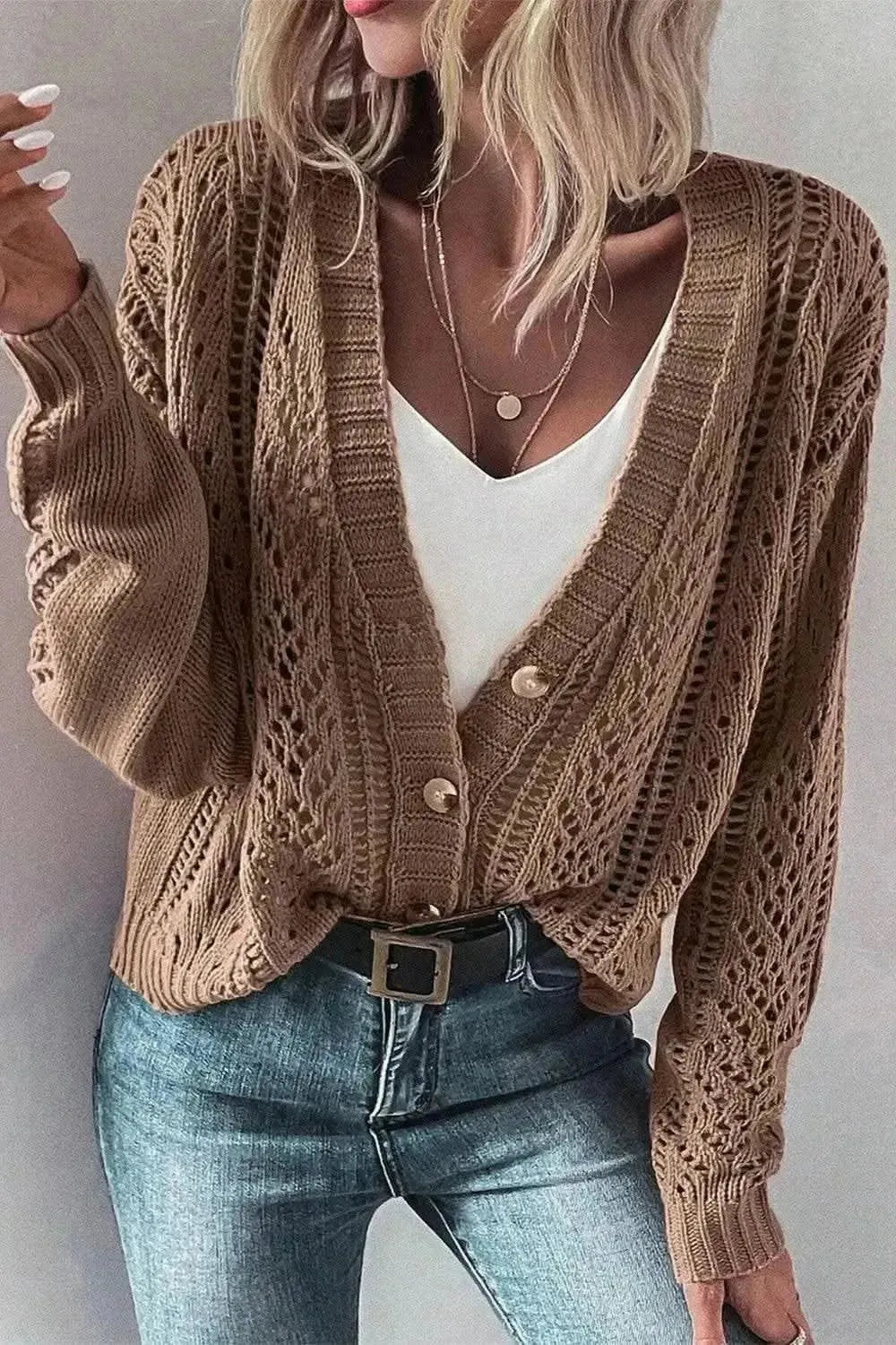 Openwork Button Up Long Sleeve Cardigan - Bad Moms Club