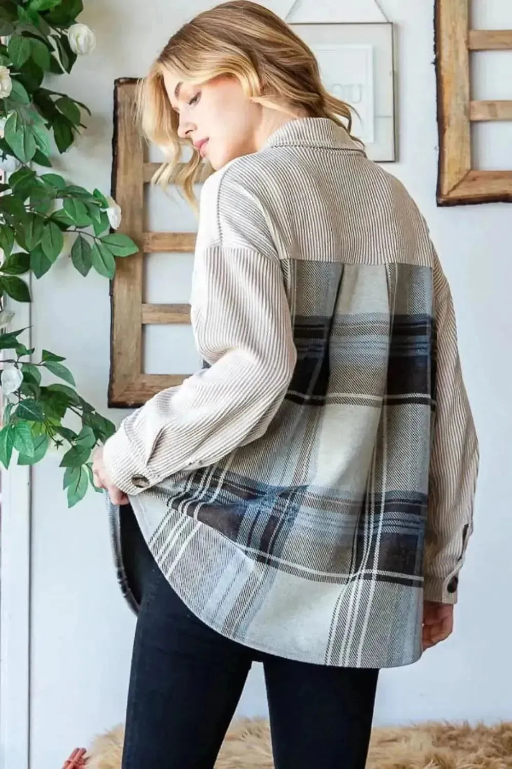Reborn J Plaid Button Up Long Sleeve Shacket - Bad Moms Club