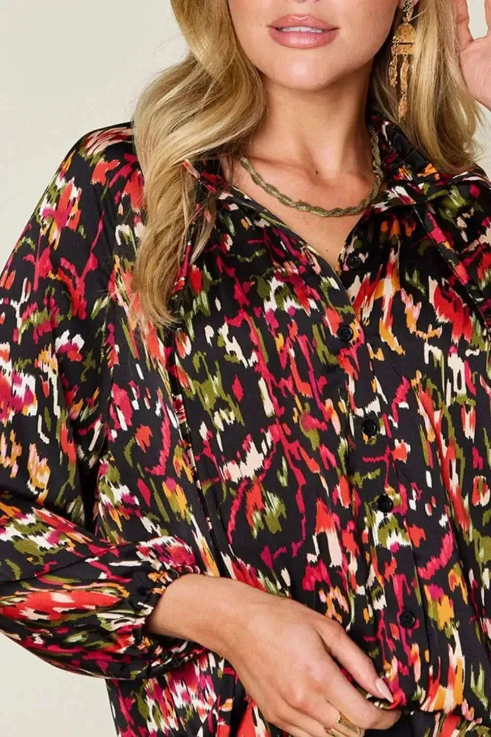 Double Take Full Size Printed Button Up Long Sleeve Shirt - Bad Moms Club