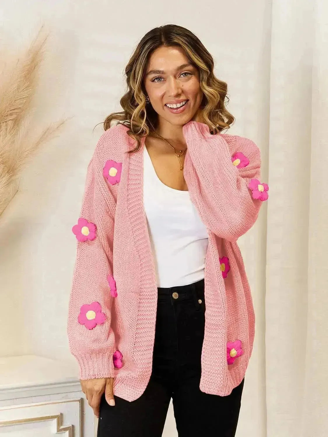 Flower Dropped Shoulder Open Front Cardigan - Bad Moms Club