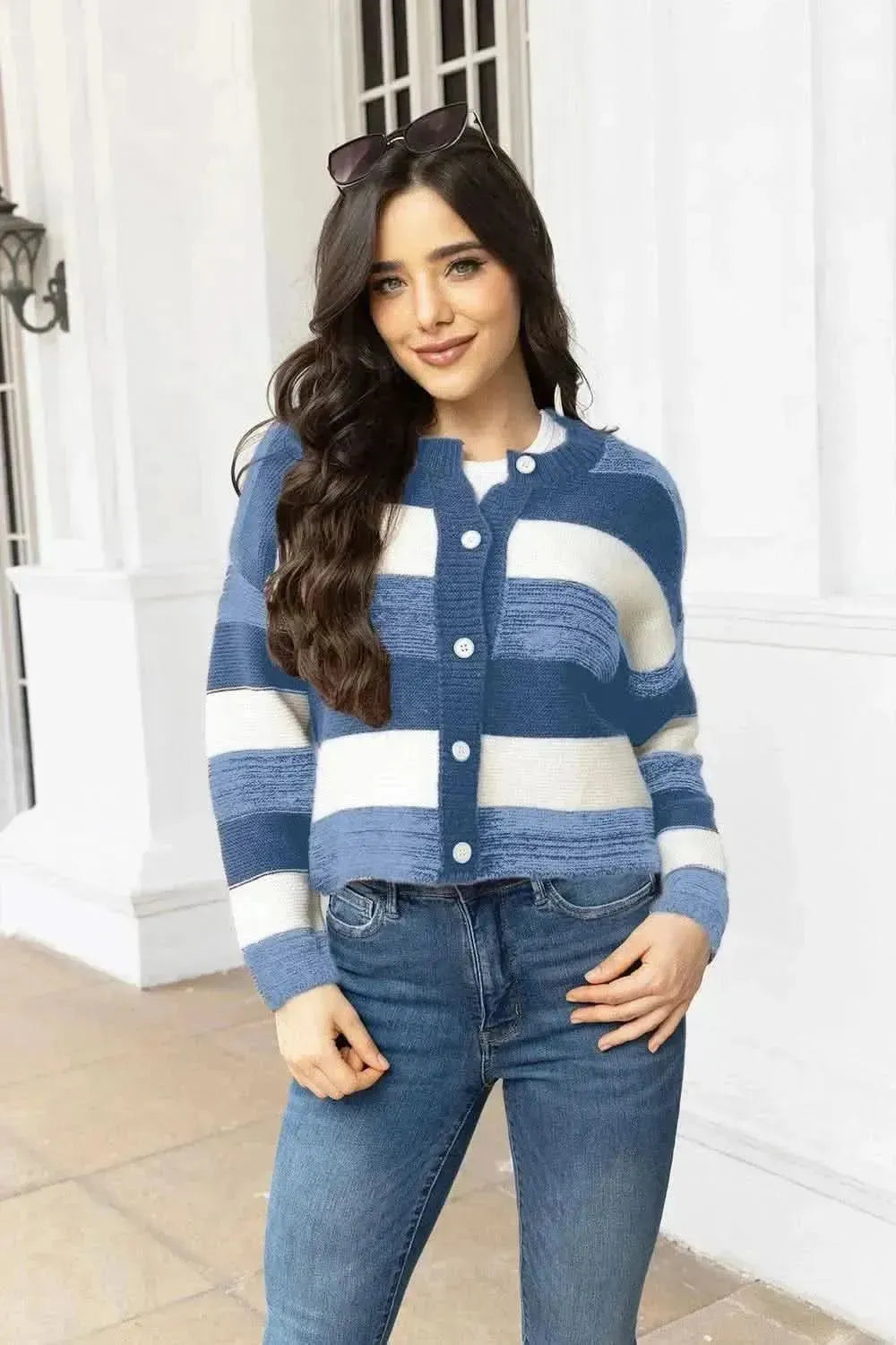 Striped Button Up Long Sleeve Cardigan - Bad Moms Club