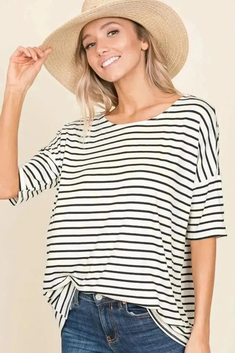 BOMBOM Striped Round Neck T-Shirt - Bad Moms Club
