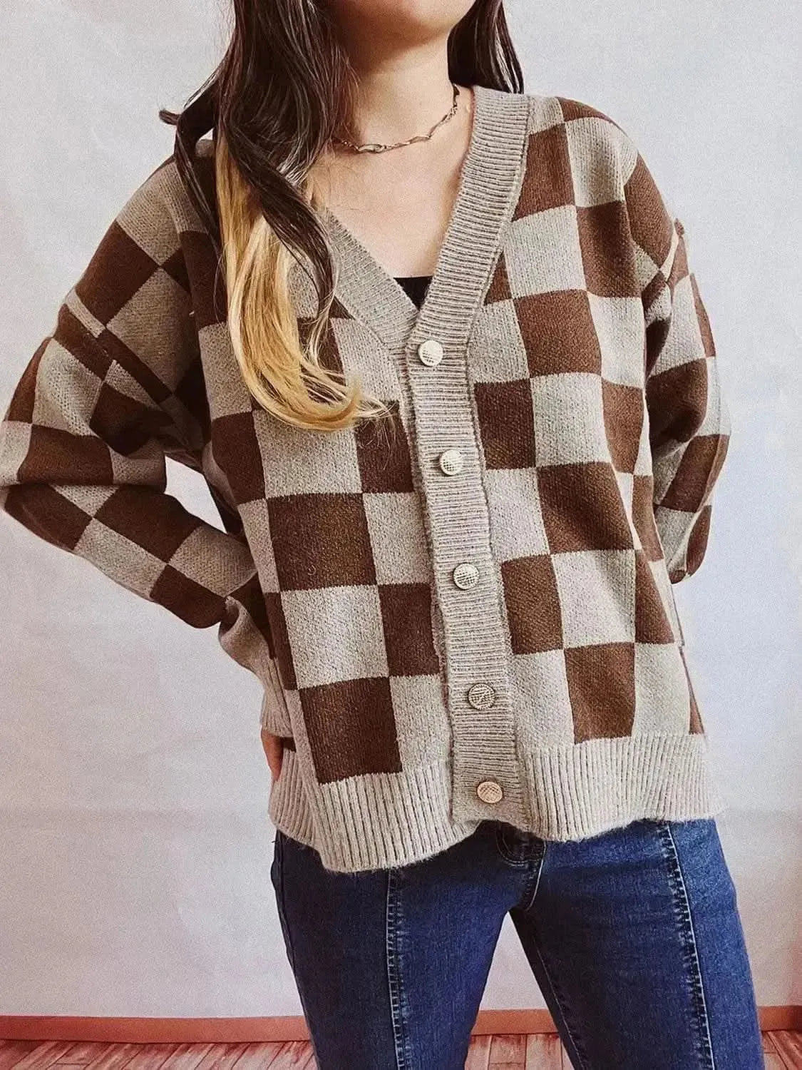 Checkered Open Front Button Up Cardigan - Bad Moms Club