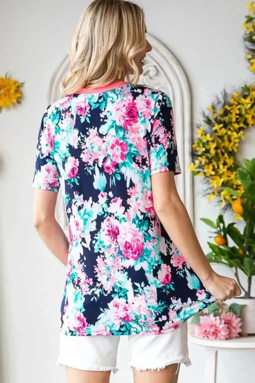 Heimish Full Size Floral V-Neck Short Sleeve T-Shirt - Bad Moms Club