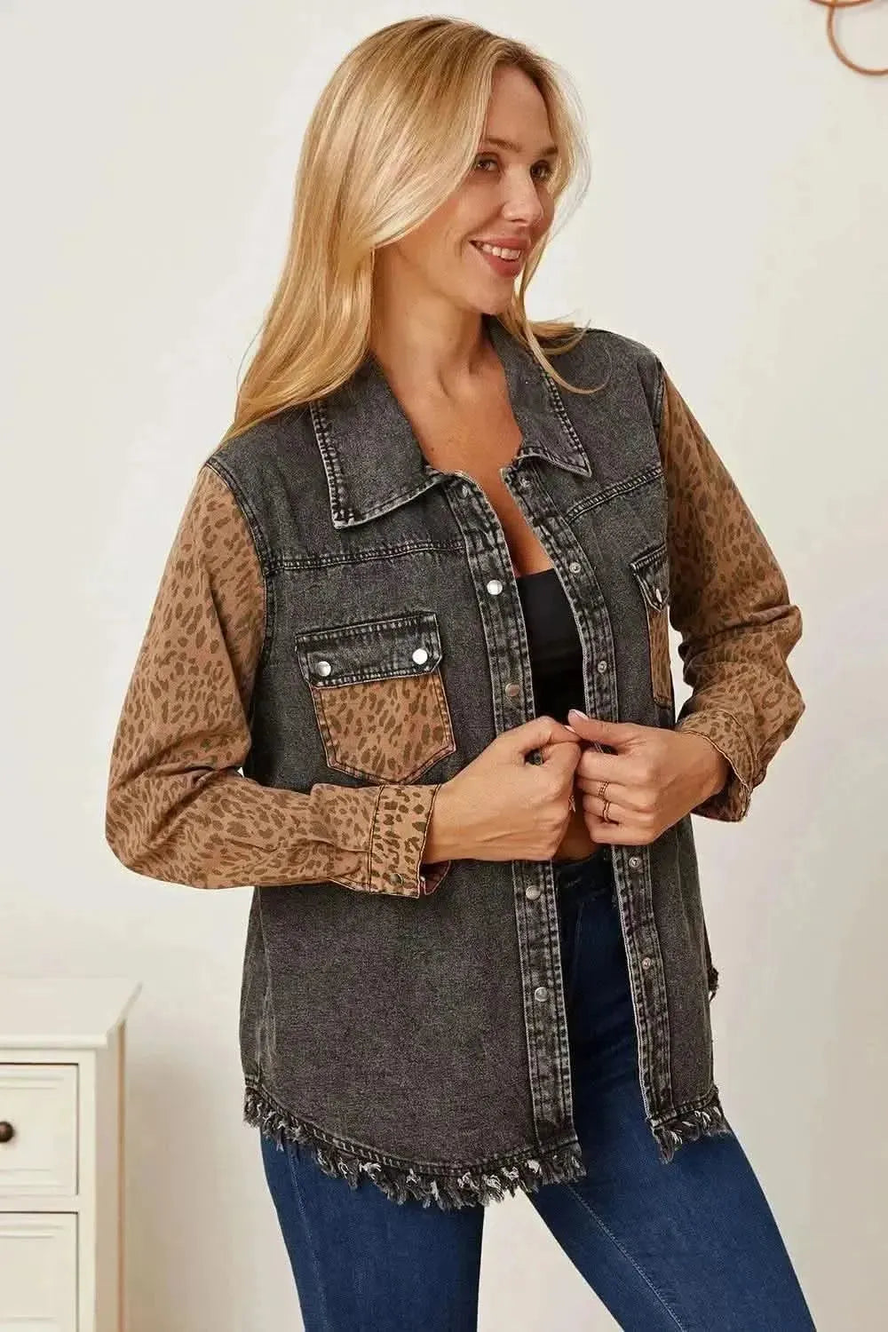 MeiMei Leopard Raw Hem Pocketed Denim Jacket - Bad Moms Club