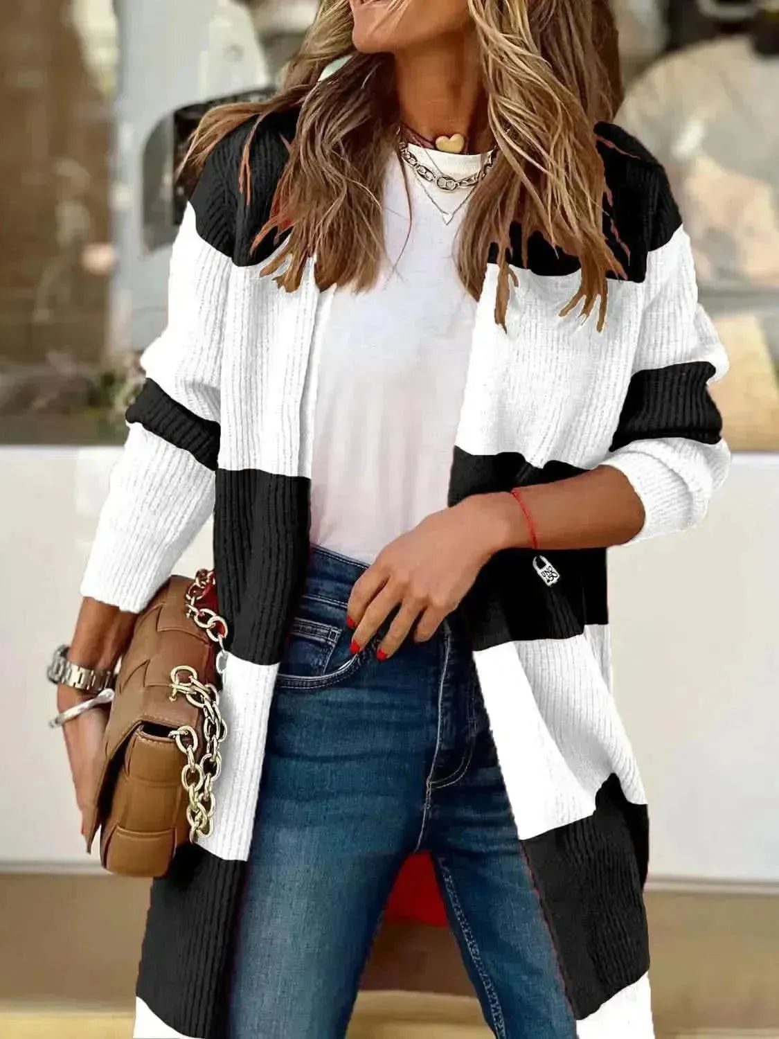 Contrast Open Front Long Sleeve Cardigan - Bad Moms Club