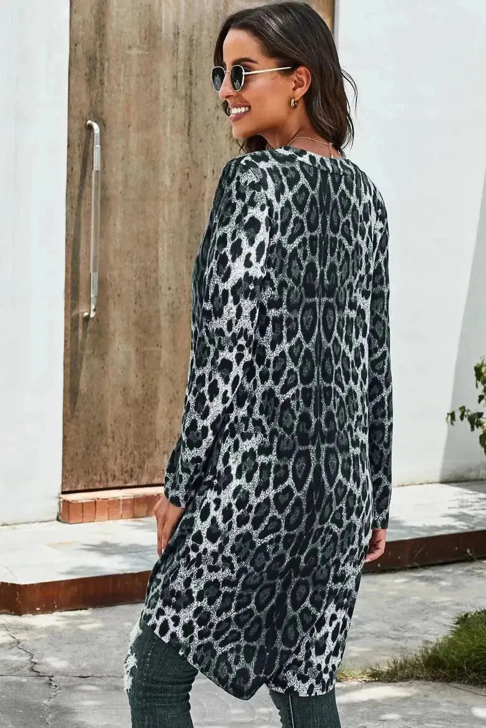 Double Take Printed Open Front Longline Cardigan - Bad Moms Club