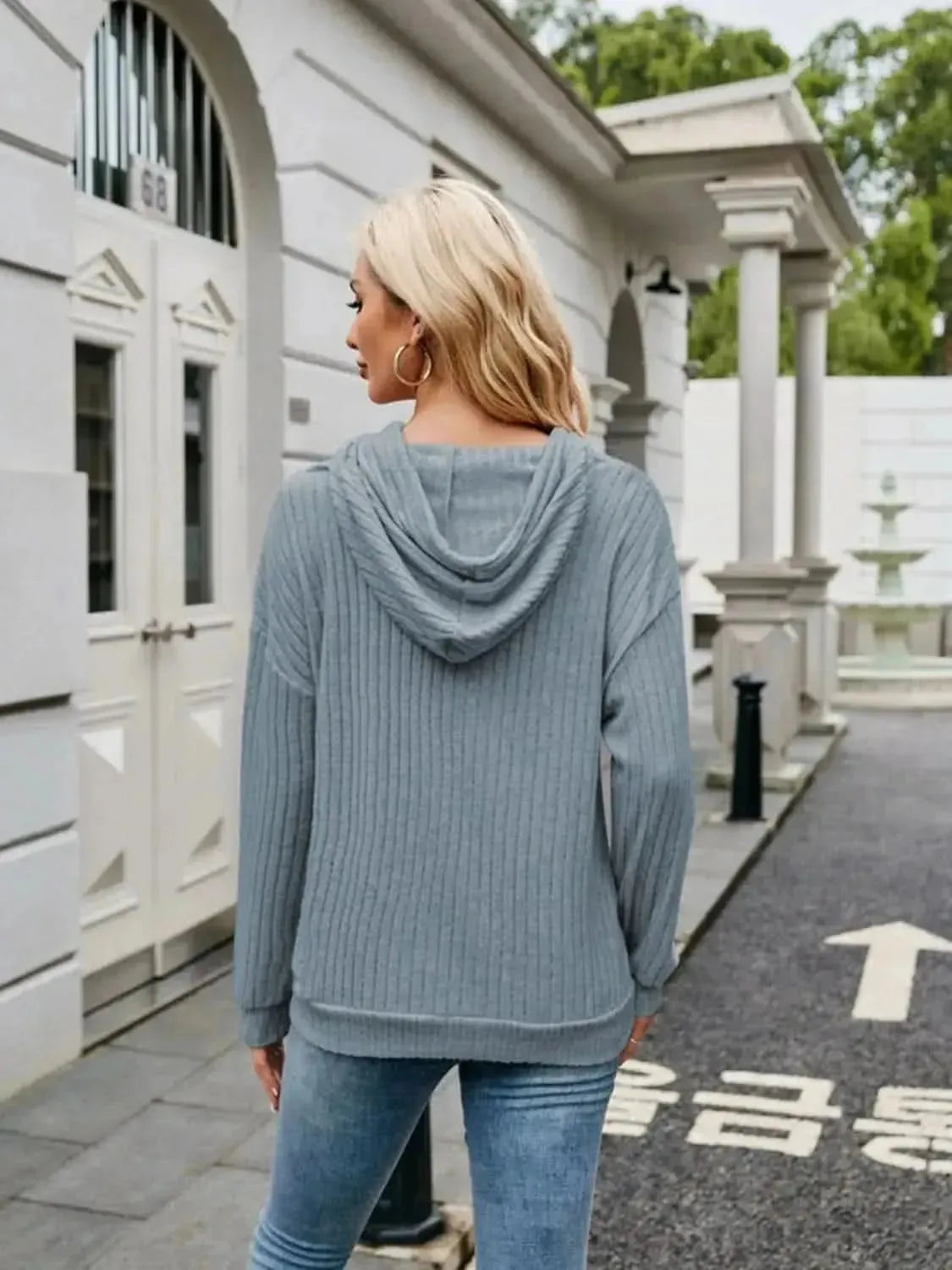 Ribbed Drawstring Long Sleeve Hoodie - Bad Moms Club