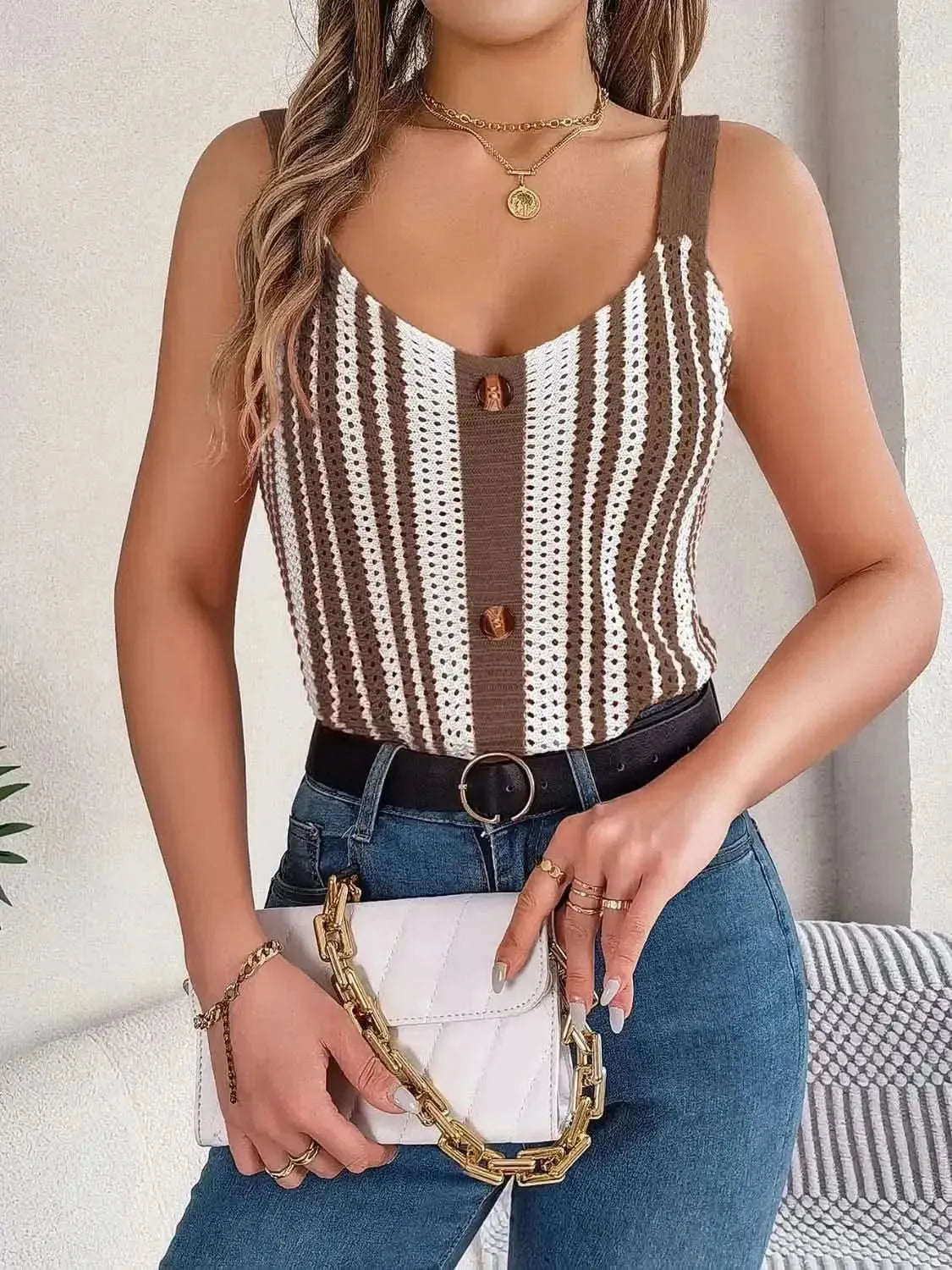 Openwork Striped V-Neck Tank - Bad Moms Club