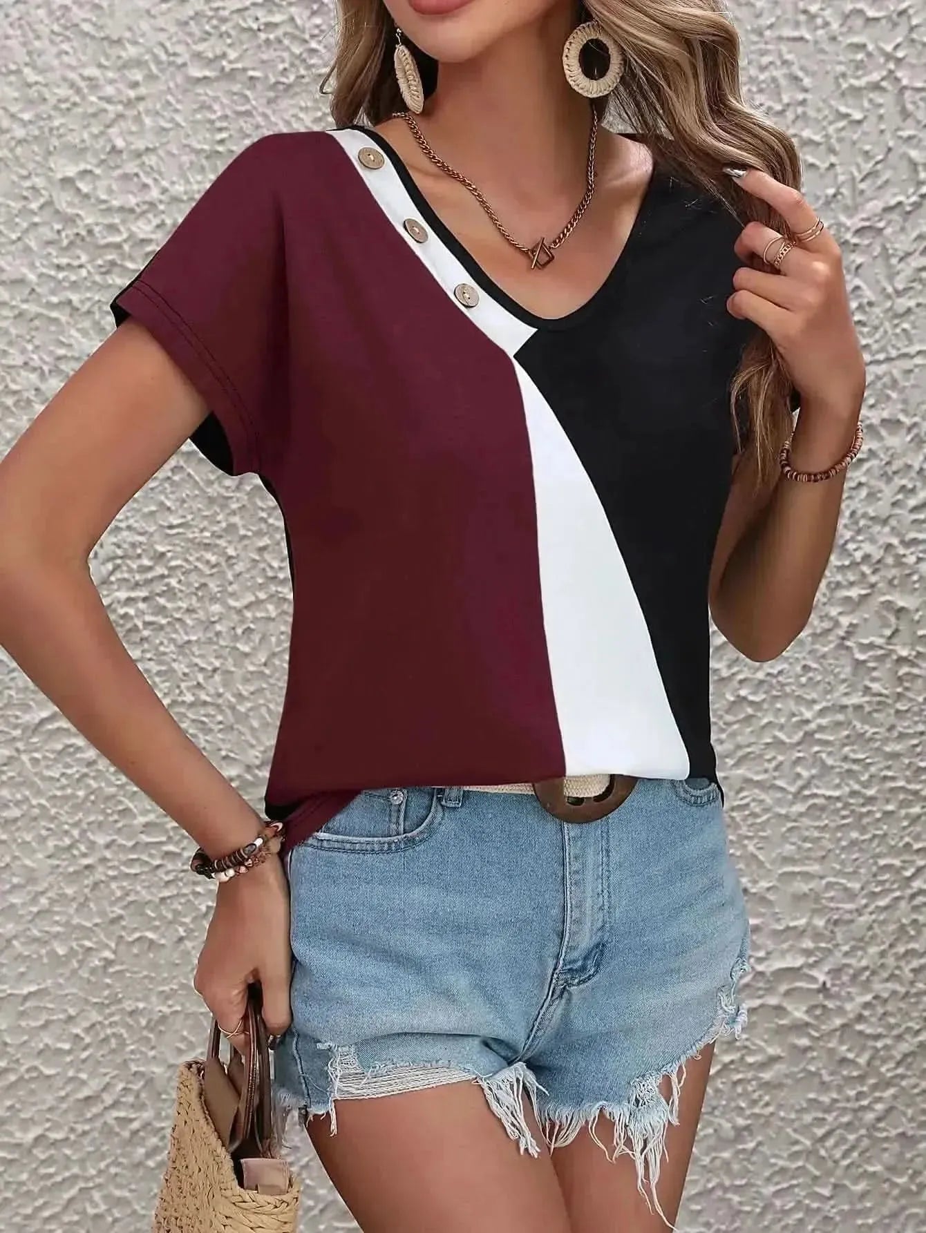 Ivy Lane Color Block Decorative Button V-Neck Tee - Bad Moms Club